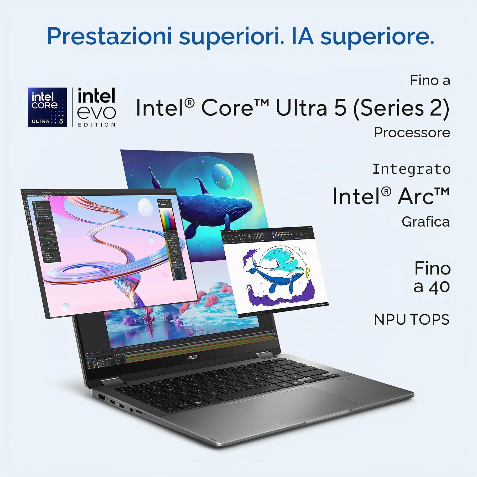 ASUS Vivobook 14 Flip Laptop Copilot+ PC, 14" OLED WUXGA 60Hz Touch Display, Intel® Core™ Ultra 5 226V, grafica Intel® Arc™, 16 GB di memoria, 512 GB di archiviazione, Windows 11, grigio opaco