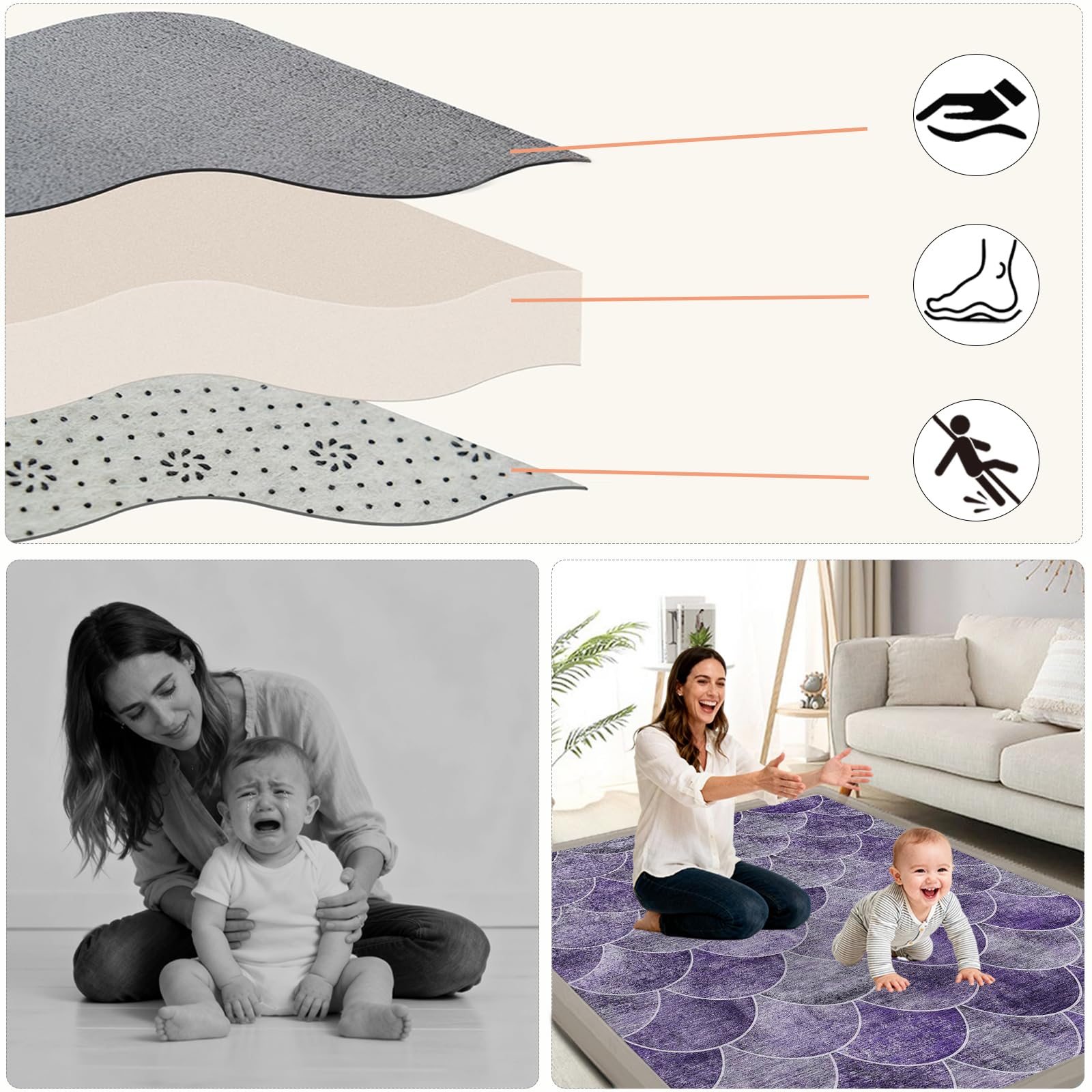 Tappeto Gioco Bambini, Extra Spesso 2 CM, Tappeto attività Morbido con Imbottitura Spessa per Tempo a Pancia in Giù, Base Antiscivolo Sicura per Gattonamento Viola 200 x 260cm