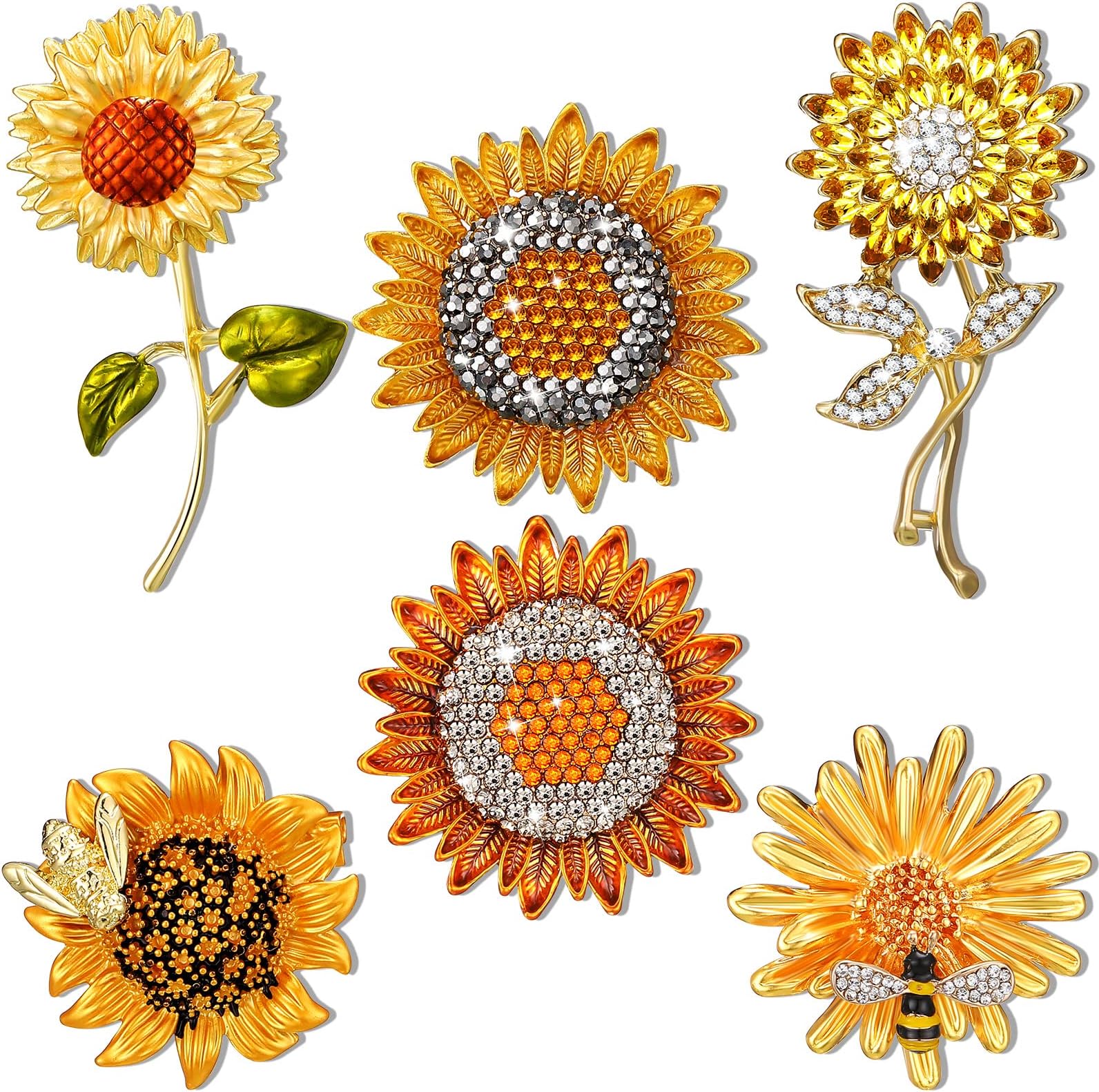 6 Pcs Sunflower Brooch for Women Summer Sunflower Bee Rhinestone Crystal Pin Dress Jewelry Accessories Gift for Women