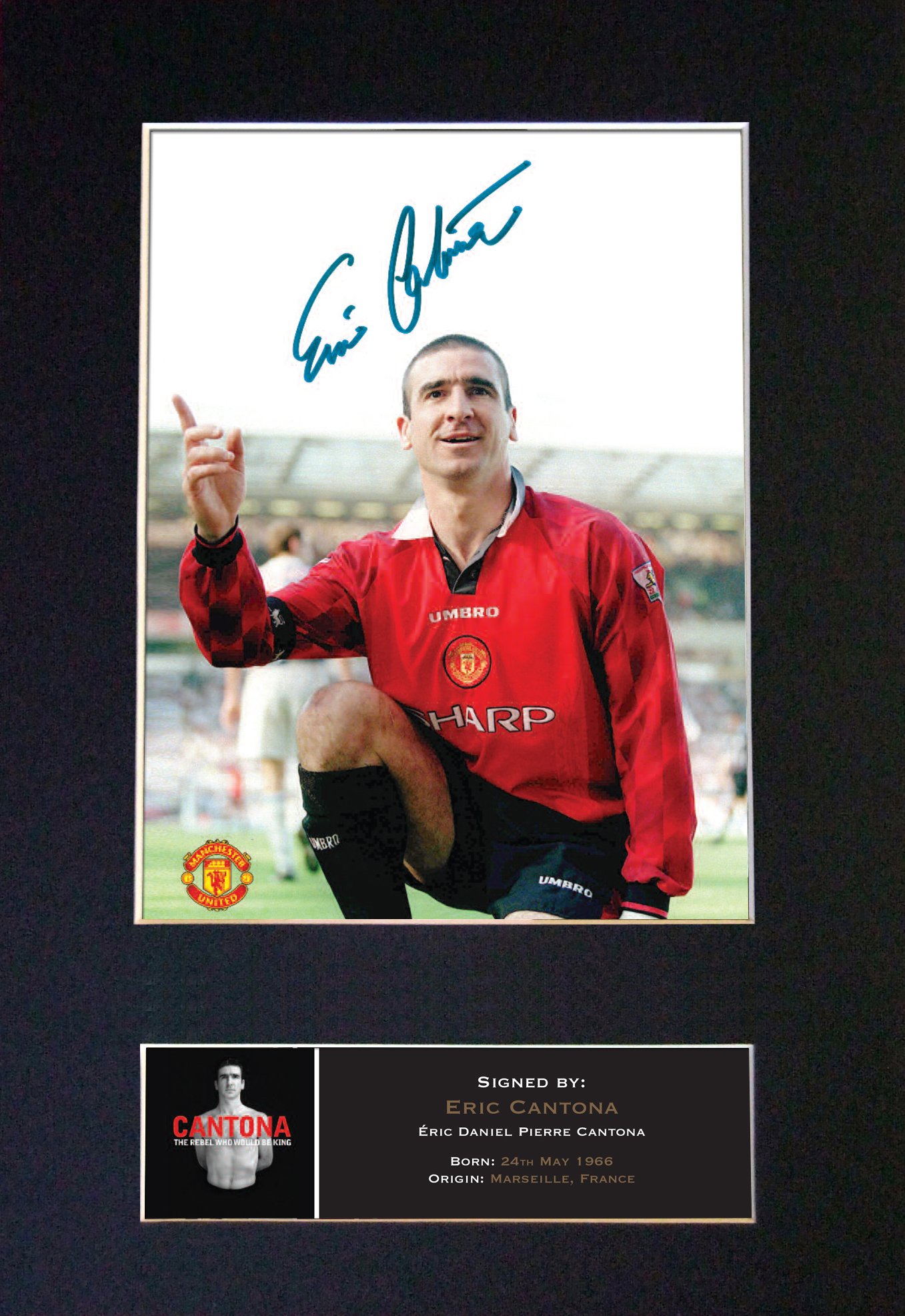 The Autograph Collector Gold,Black Eric Cantona Man U Signed Autograph Mounted Photo Reproduction Print A4 Rare (297 X 210Mm) #488 (Mount & Print (Not Framed))