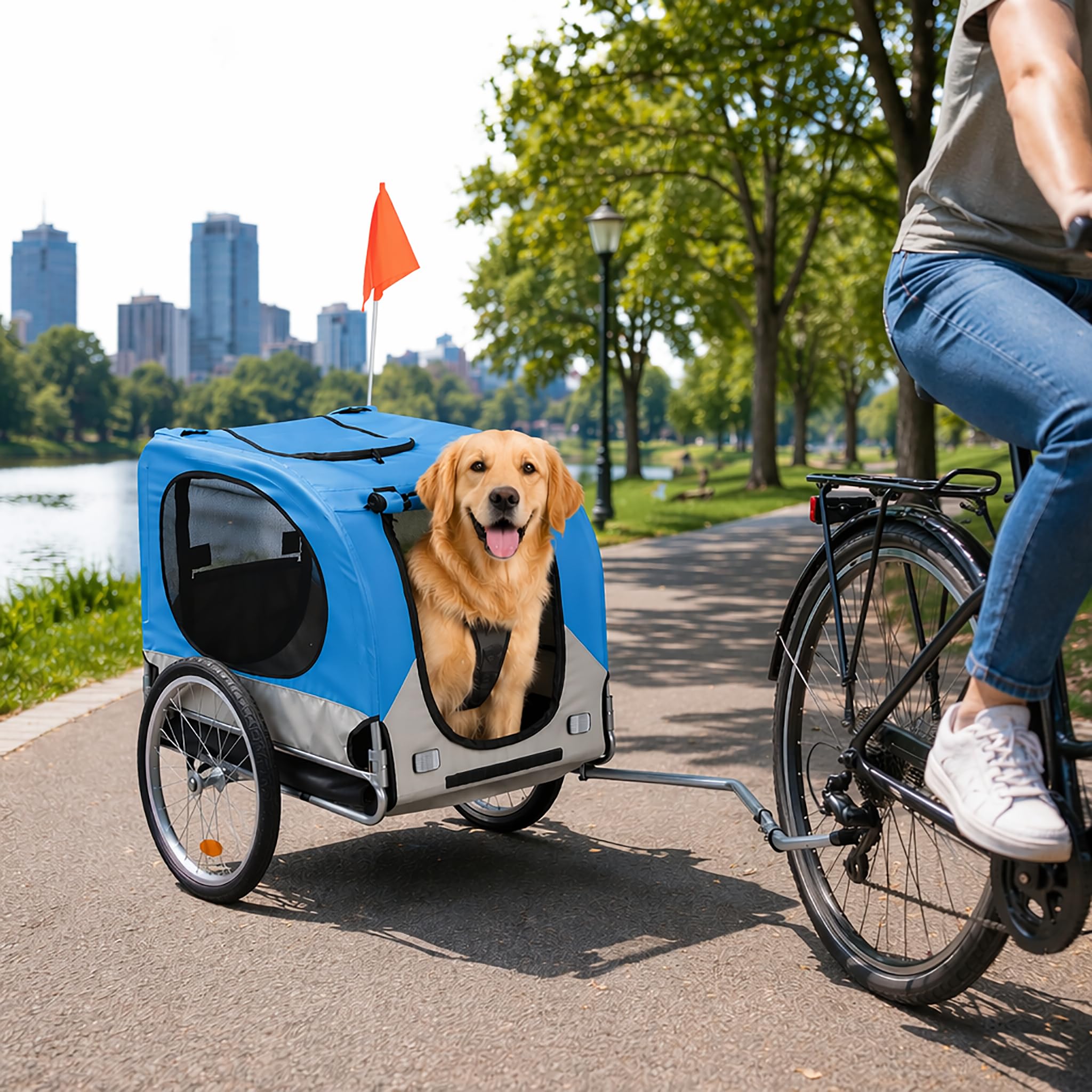 Wózek Rowerowy dla Psa Składana Przyczepka Koła Pompowane 20 Cali Stalowa Rama Kabina Transportowa Kieszeń dla Średnich Dużych Psów Wózek Towarowy na Zewnątrz Żółto Niebieski Blue