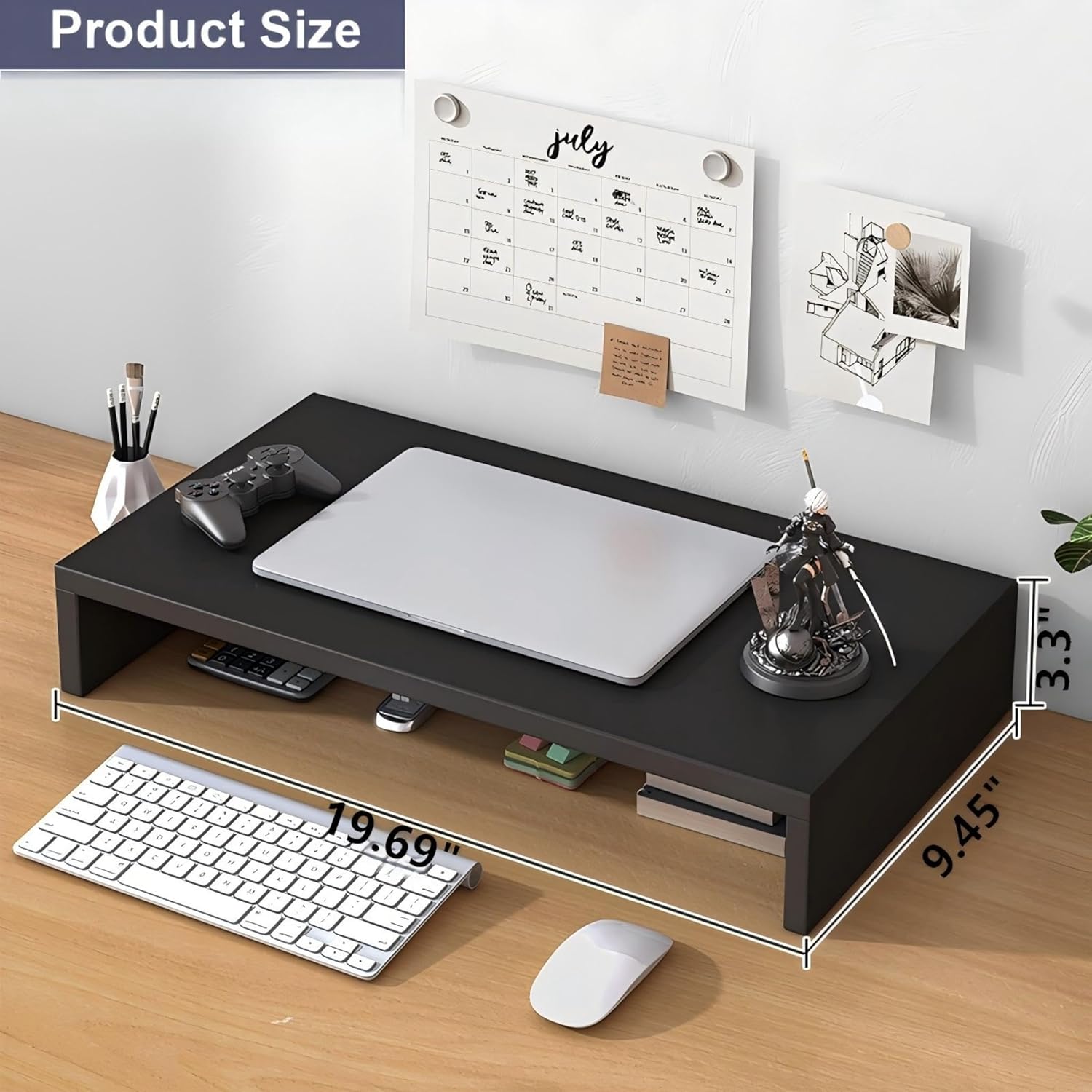 Wooden Monitor Stand Riser 1-Tier & 2-Tier, Ergonomic Desk Organizer with Keyboard Storage, Desktop Shelf for Computer Laptop iMac Printer, Home Office Desk Accessories (Black, Single-layer version)