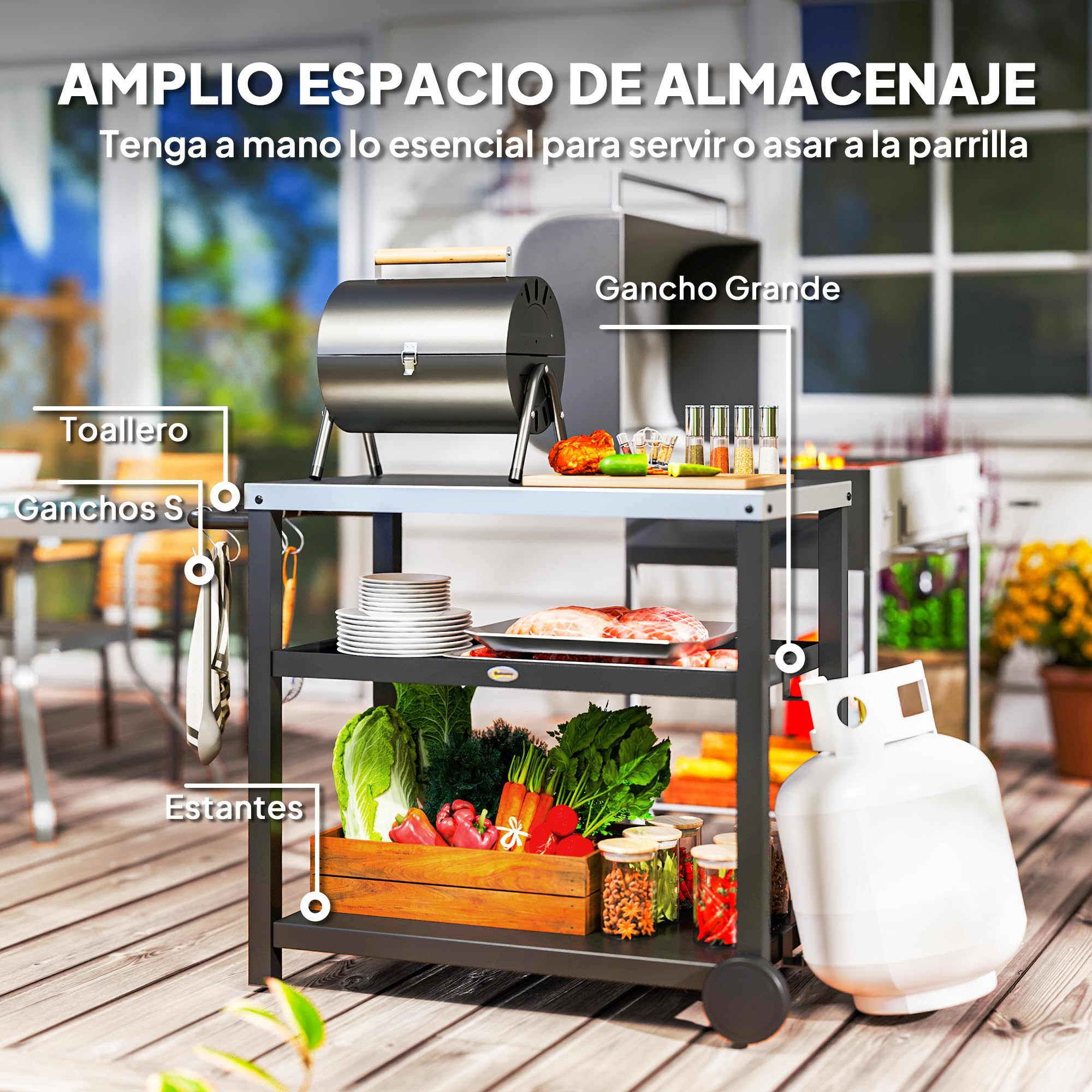 Outsunny Carrito de Parrilla de 3 Niveles Carrito de Barbacoa Carro de Servicio con 2 Ruedas Estantes Encimera de Acero Inoxidable y Asa Mesa de Horno de Pizza para Jardín Patio Gris Carbón