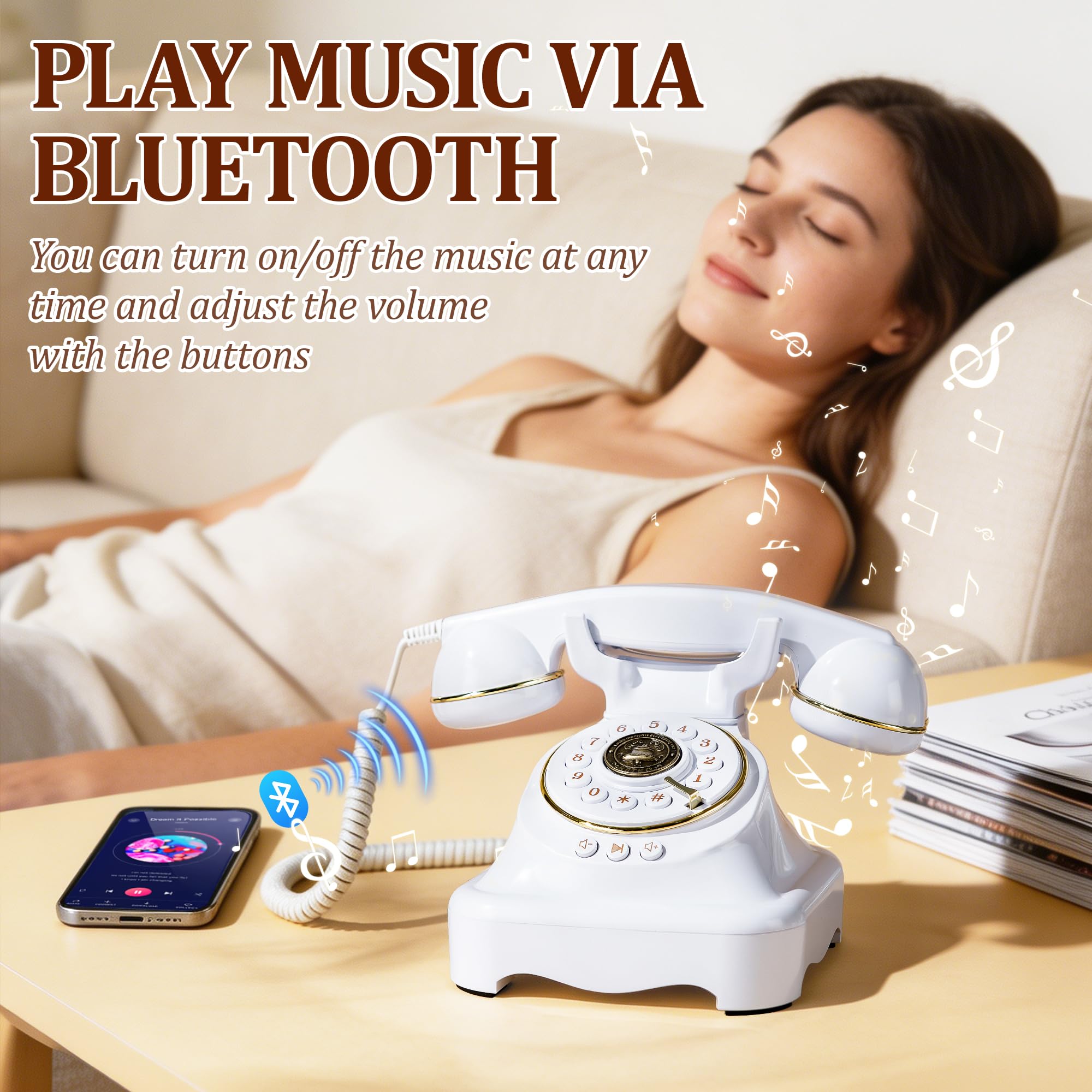 Telefono Bluetooth retrò, classico telefono fisso Bluetooth con vivavoce e ricaricabile USB, chiamate in vivavoce e riproduzione di musica per casa, ufficio, soggiorno, comodino (grande