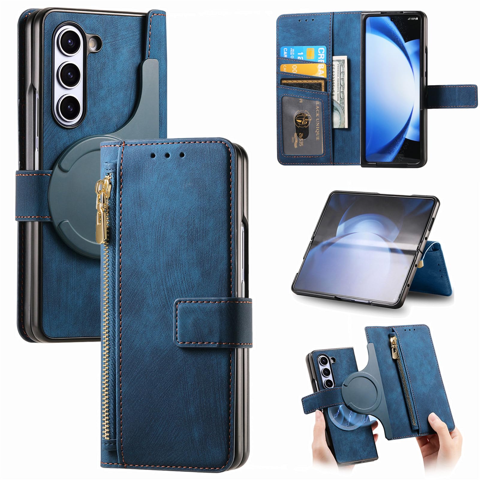AsuwishCompatible with Samsung Galaxy Z Fold 5 5G 2023 Zipper Wallet Case RFID Blocking Magnetic Detachable Flip Credit Card Holder Stand Cell Accessories Phone Cover for ZFold5 Z5 G Fold5 5Z Blue