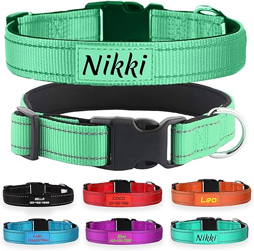 Miniatura 10 de Collar de perro de nailon reflectante personalizado con nombre y número de teléfono personalizados, 5 tamaños y 3 fuentes ajustables, acolchado