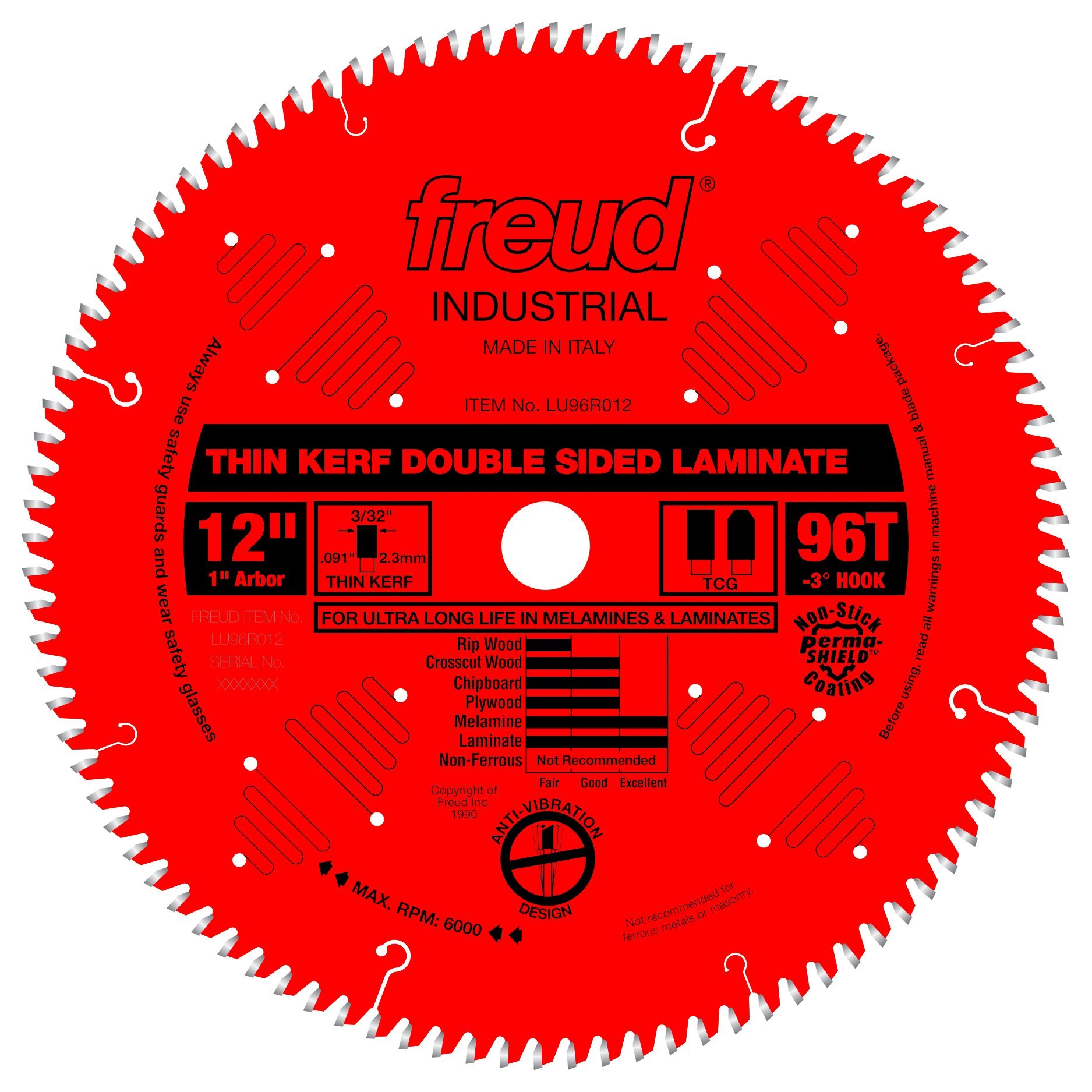 Freud LU96R012: 12" x 96T Thin Kerf Double Sided Laminate/Melamine