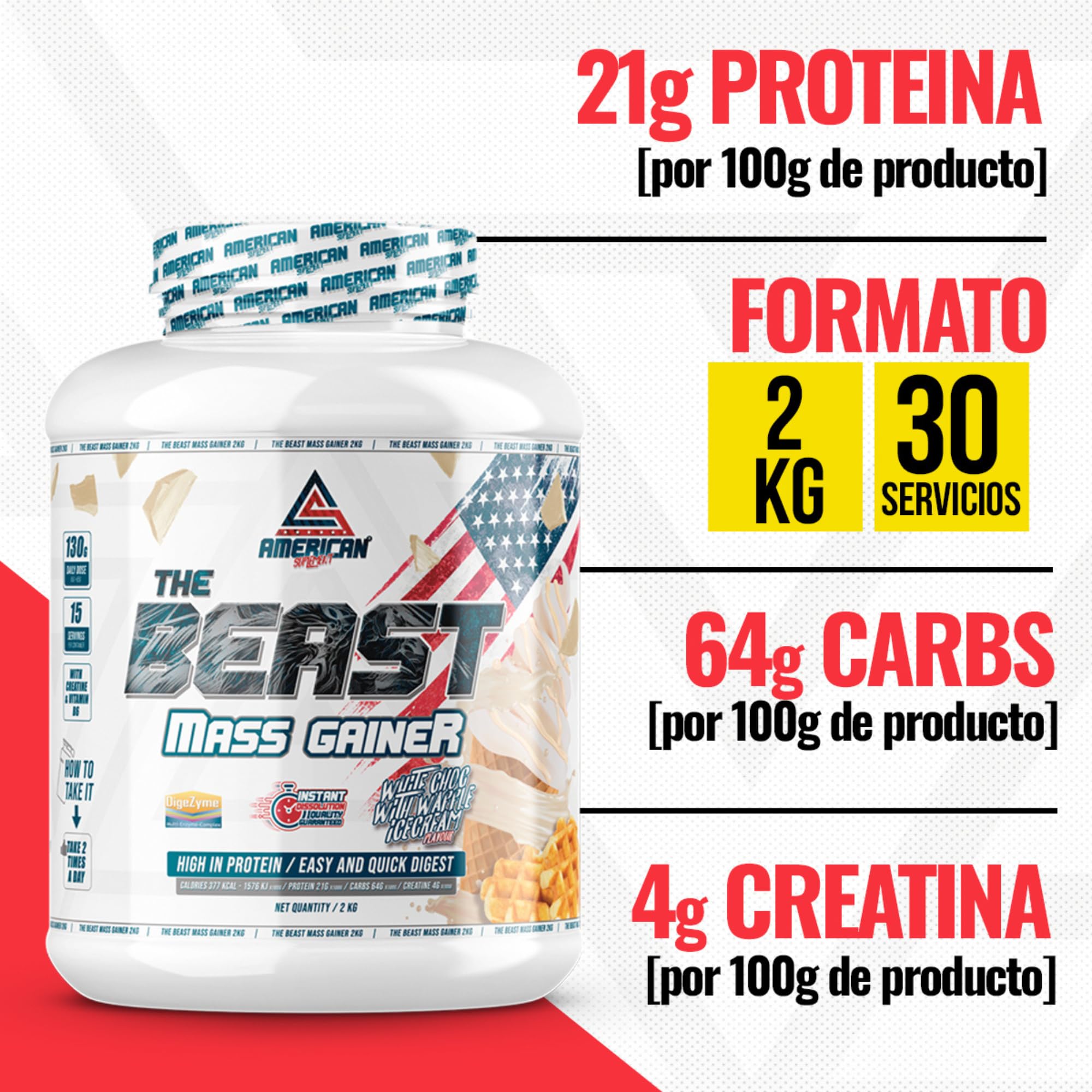 The Beast Mass Gainer | 2 kg | Vainilla | Contiene Creatina Monohidrato | Ayuda a Subir de Peso | Alto en Carbohidratos y Proteínas