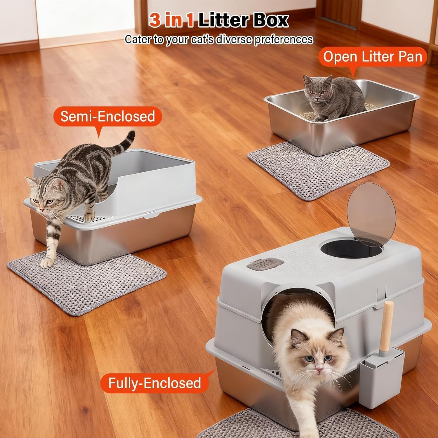 Stainless Steel Litter Box with Lid, Extra Large Enclosed Cat Litter Box for Big Cats, Metal Cat Box with High Sided Enclosure & Scoop, Front & Top Entry, Odor Free, Anti-Leakage, Grey