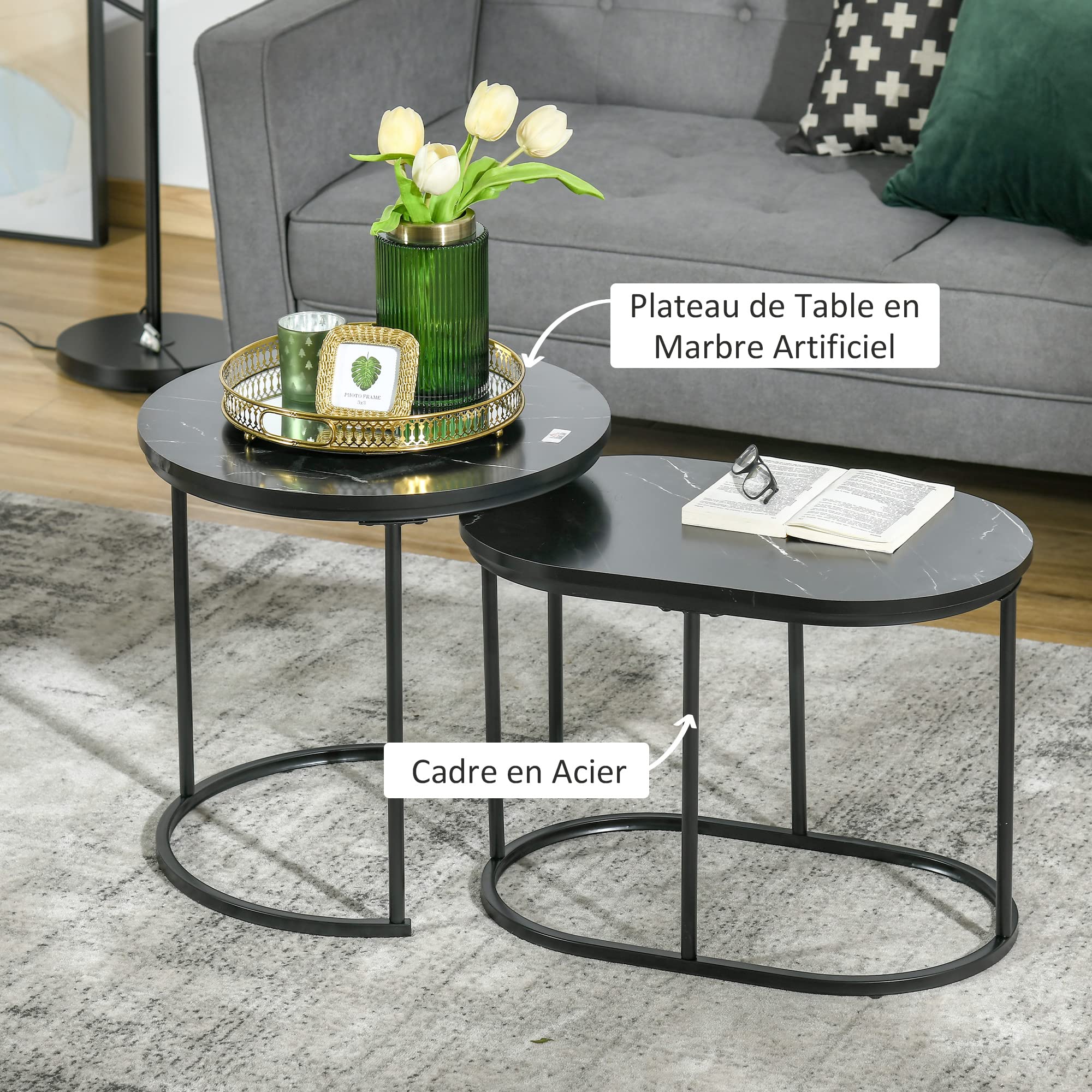 HOMCOM Lot de 2 Tables Basses Tables d'appoint gigognes en Acier et Plateau MDF Aspect marbre - Table Ronde et Ovale - Noir