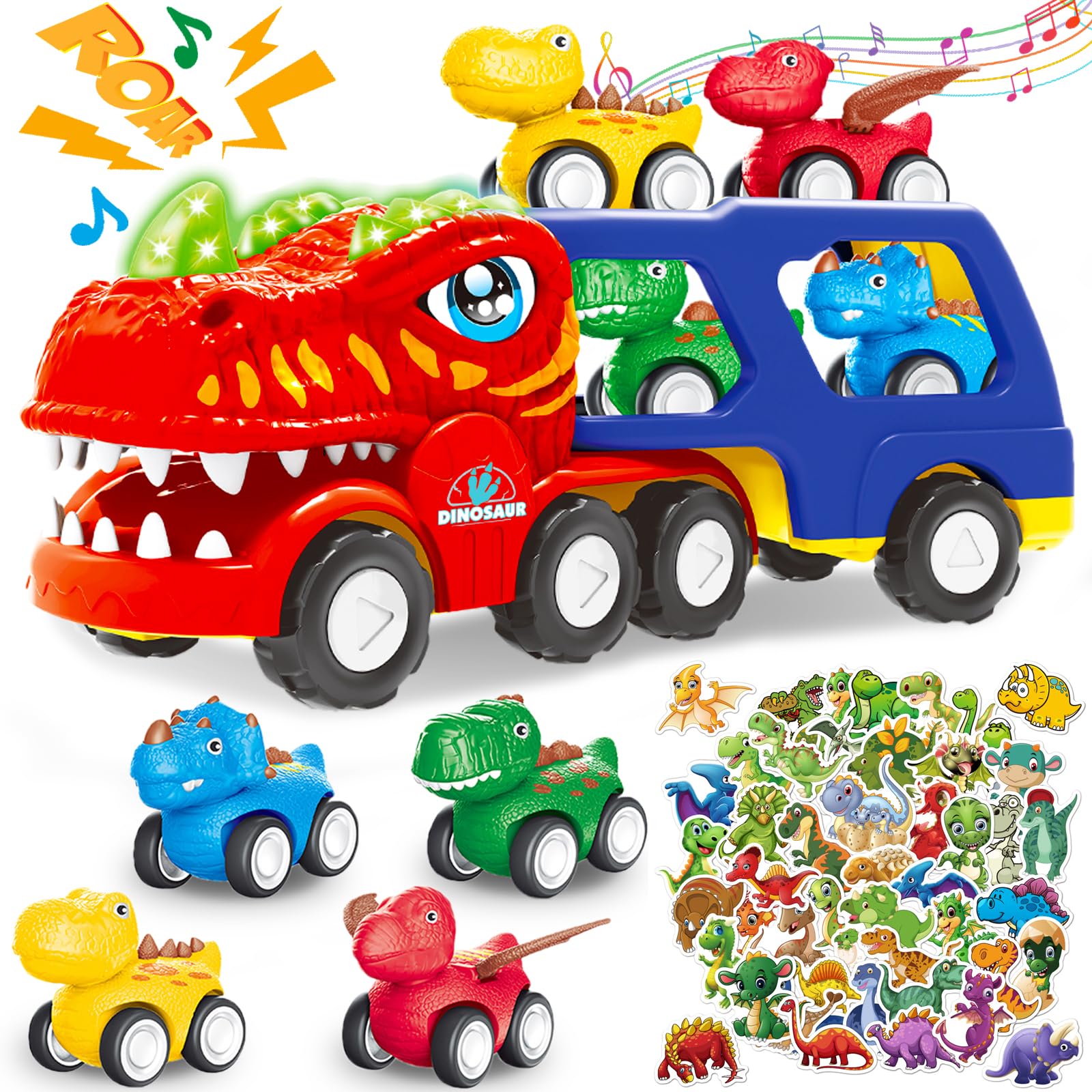 SAKUUMI Dinosaur Truck Toy Set for Boys Girls 1-5 - Monster Truck, 4 Pull Back Cars, 50 Cartoon Stickers (55-IN-1)