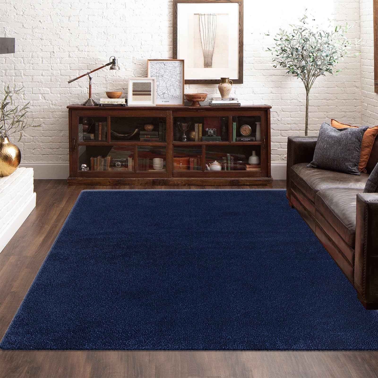 renoazul® Soft Non-Skid High Pile Lounge Rugs With Gel Backing, Alya - 160 x 230 cm - Navy, Washable Cozy Rug - Ideal For Lounge, Fireside, Office, Kitchen & Dining Room.