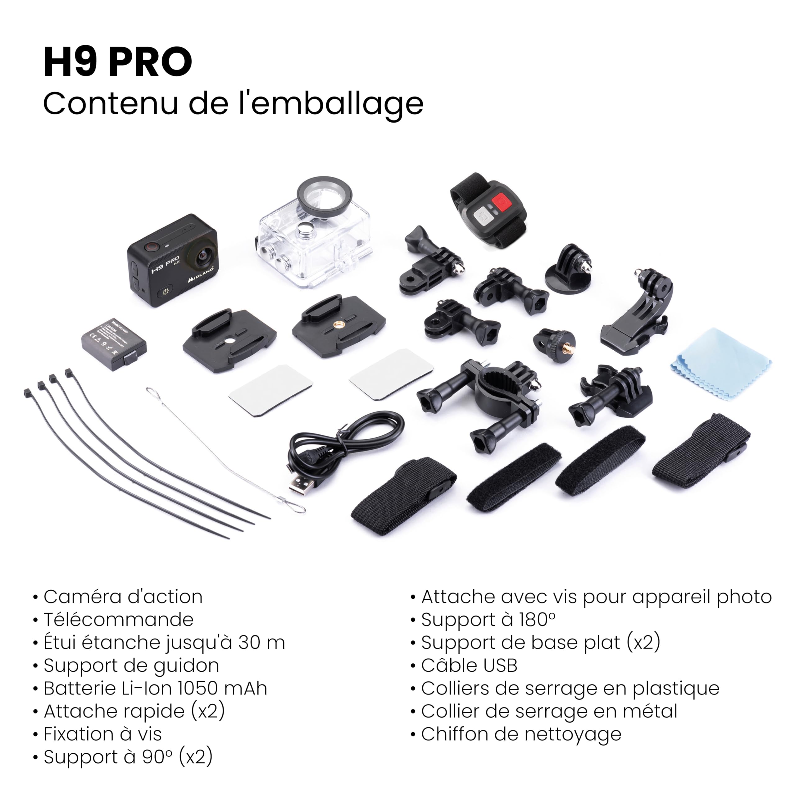 Midland - Camera Sport 4K H9 Pro WIFI Remote Control, Camescope Caméra Video Plongée Sportive, Appareil Photo Sous Marin 30m Autonomie 2H 30fps Photo 20MP, Touchscreen IPS 7 Modes, Contrôle Smartphone