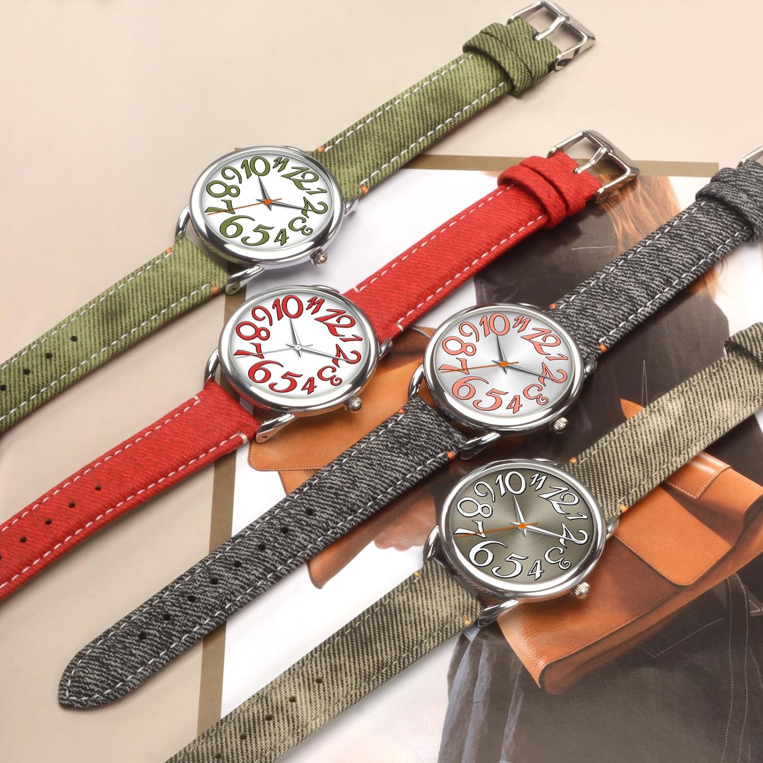 Bisley Women Watch Big Arabic Numbers Dial Easy to Read Denim Leather Strap Watch - Image 5