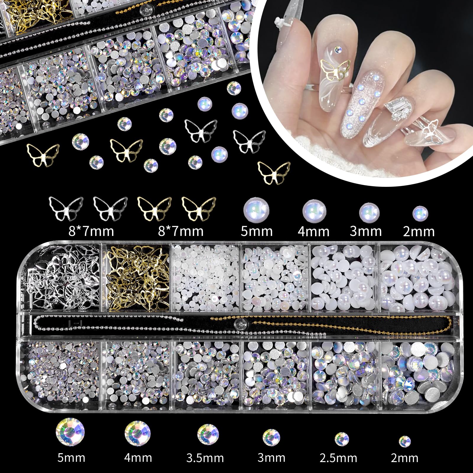 3 Boxes 3D Flowers Bows Nail Art Charms, White Flower Butterfly Nail Charms Nail Bows for Acrylic Nails, Gold Silver Caviar Beads Pearl for Nails Nail Gems Rhinestones for Manicure Craft DIY