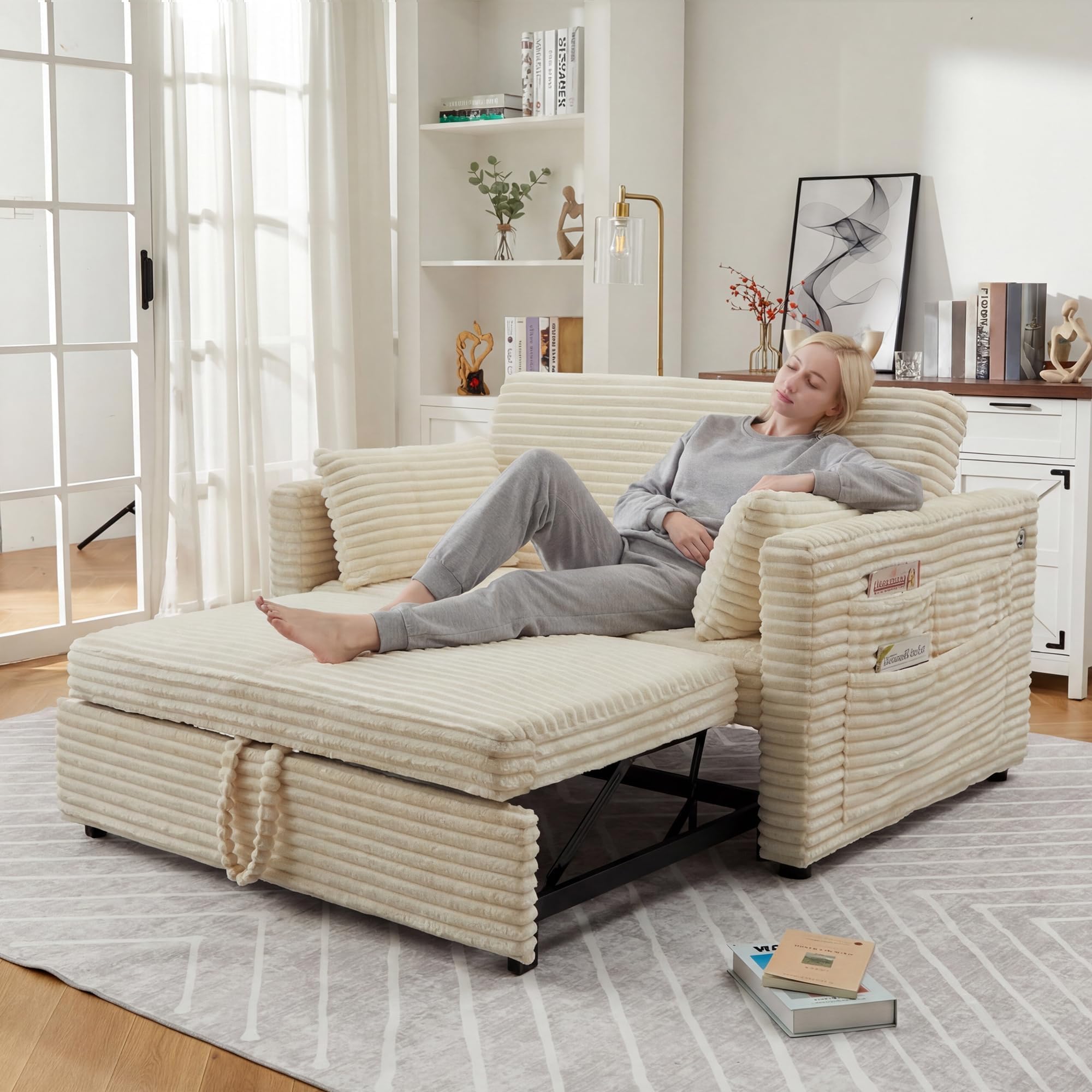 Garvee Multifunktionales Cord Schlafsofa mit Schlaffunktion – Ausziehbares 2-Sitzer Sofa – Verstellbare Rückenlehne, integrierte Ladestation & Seitentasche – Für Wohnzimmer, Schlafzimmer, Apartment –