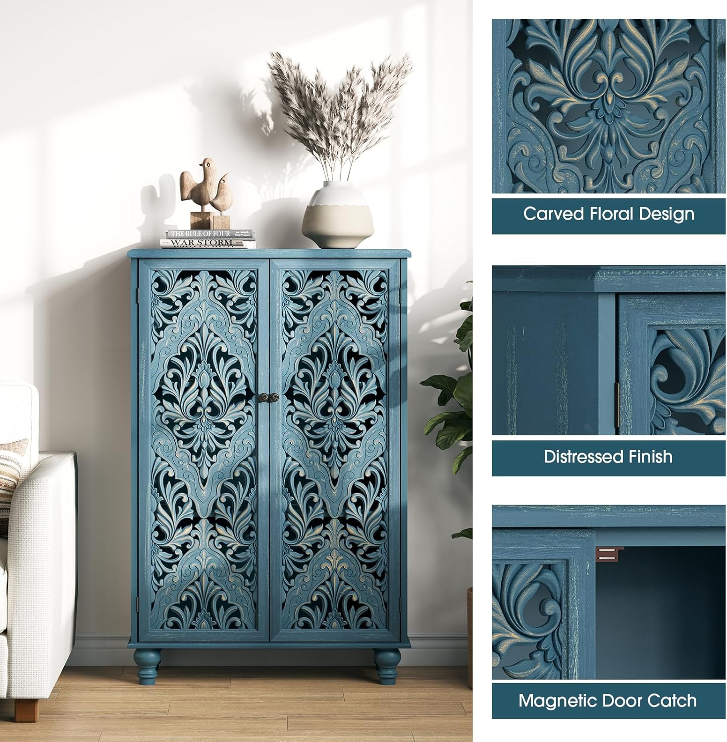 Buffet Sideboard Cabinet with Hand-Carved Doors, 47" Tall Accent Cabinet for Dining Room, Vintage Wood Storage Cabinet with Shelves, Slim Floor Cupboard for Kitchen & Entryway,Blue