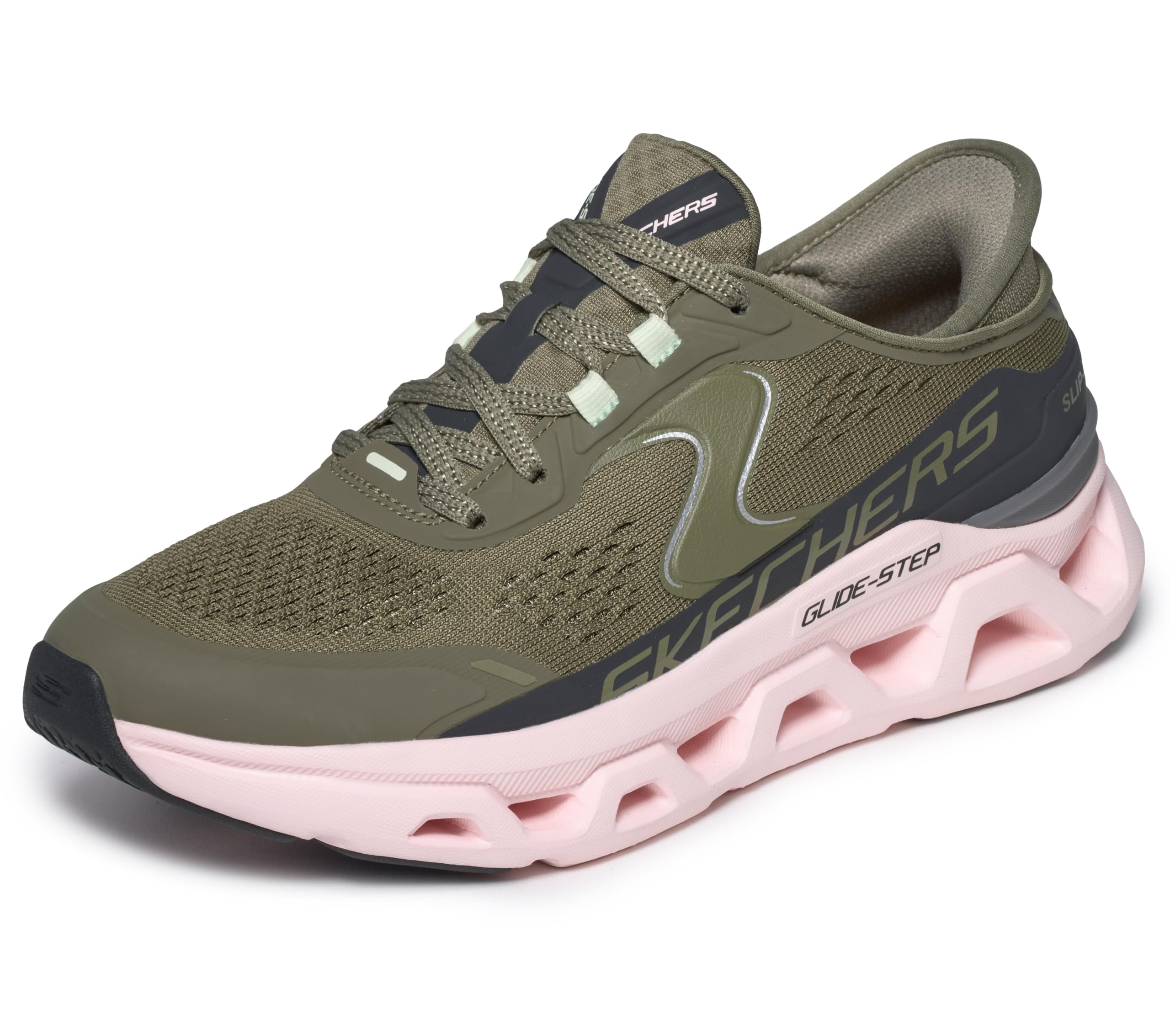 Skechers Women's Glide-Step Altus Trainers, Olive Synthetic/Mesh/Pink Trim, 4.5 UK
