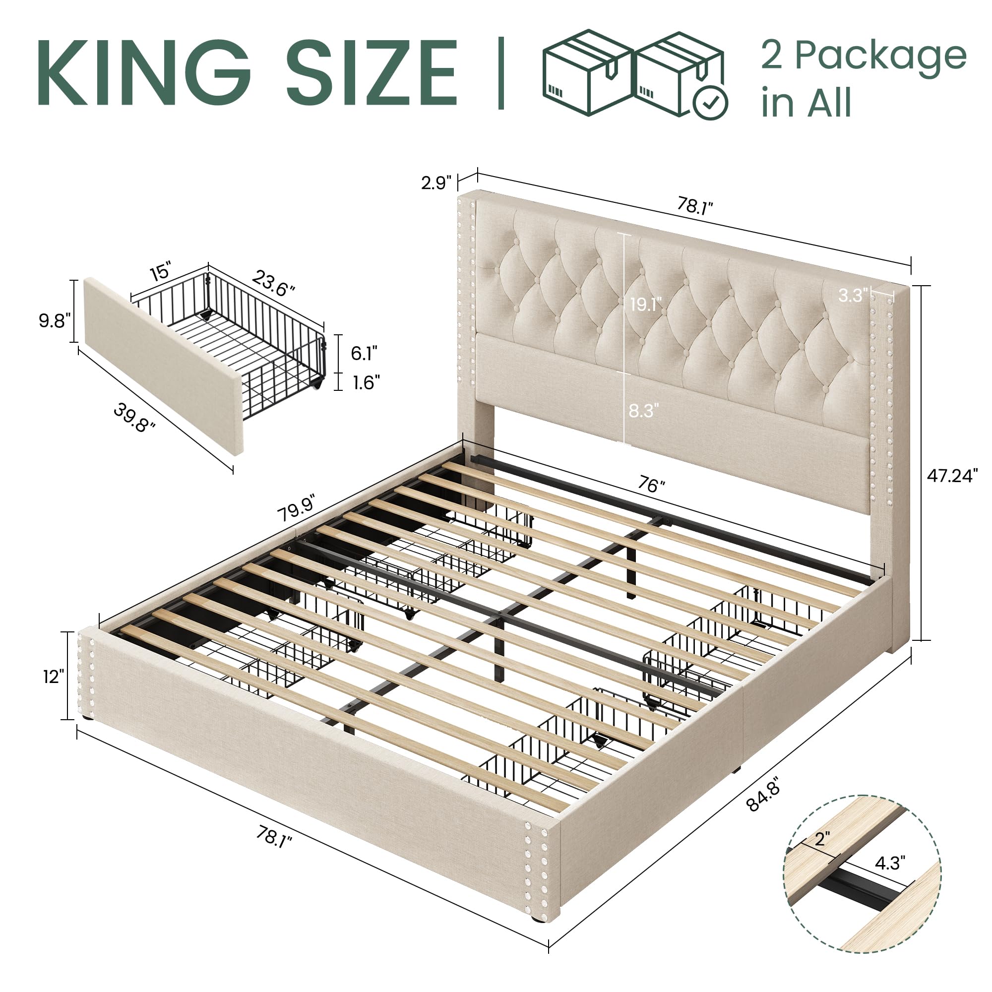 King Size Platform Bed Frame  and Headboard Linen Upholstered Bed Frame Tufted Beds with Wood Slats Support, No Box Spring Required, Noise-Free, Beige (Incomplete only 1 box)