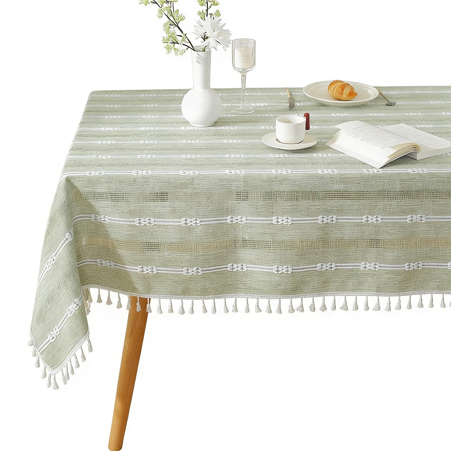 Obrus w paski z frędzlami i wydrążone, rustykalny styl prostokątny obrus 140x200cm do domu, zmywalny i odporny na zmarszczki (zielony, 140x240cm)