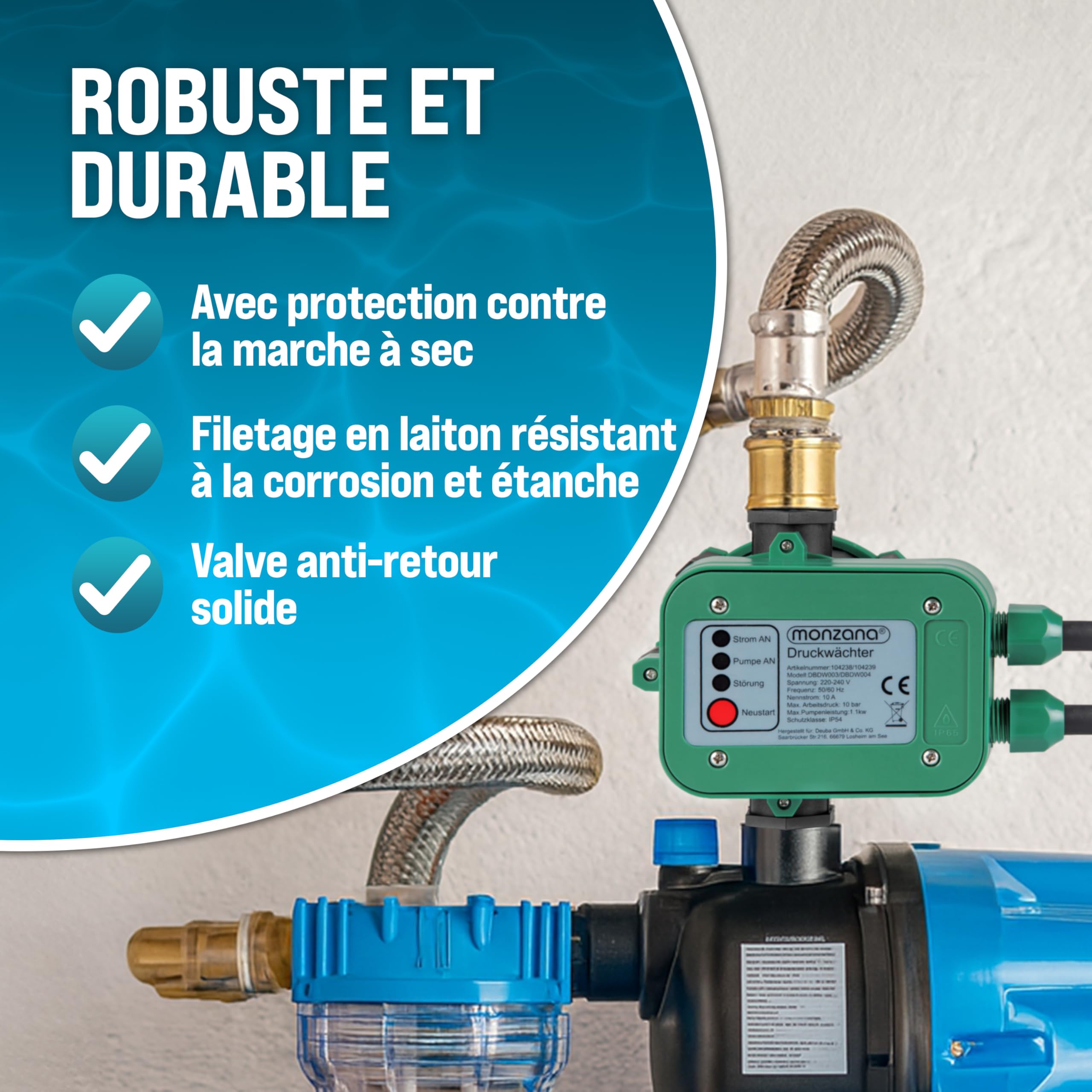 MONZANA Pressostat pompe eau 10 bar protection fonctionnement à sec contrôleur pression