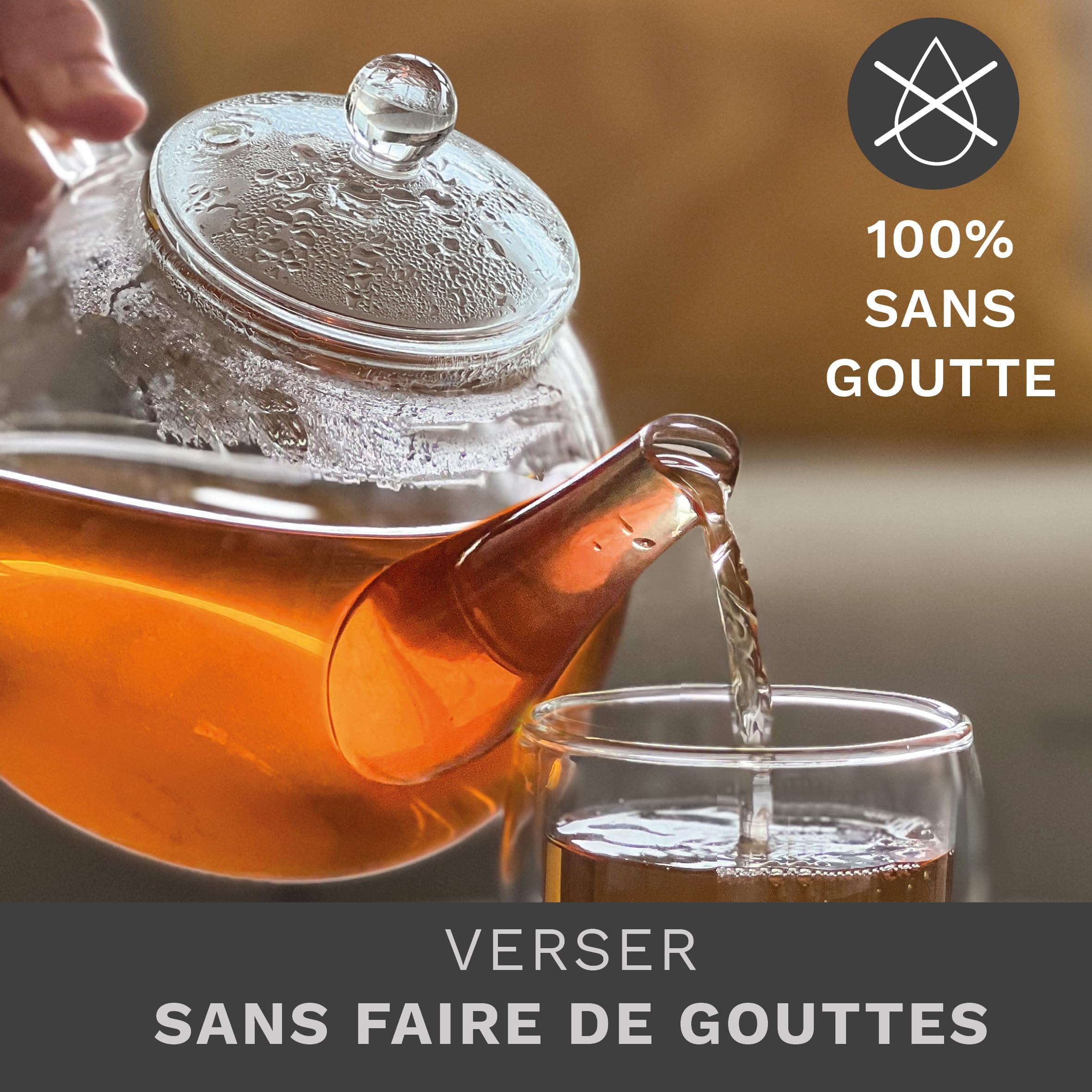 Creano Théière 1,6 l en verre anti-goutte avec filtre inox intégré et couvercle en verre – élégante et résistante à la chaleur – pour thé en vrac, thé en fleurs et tisanes