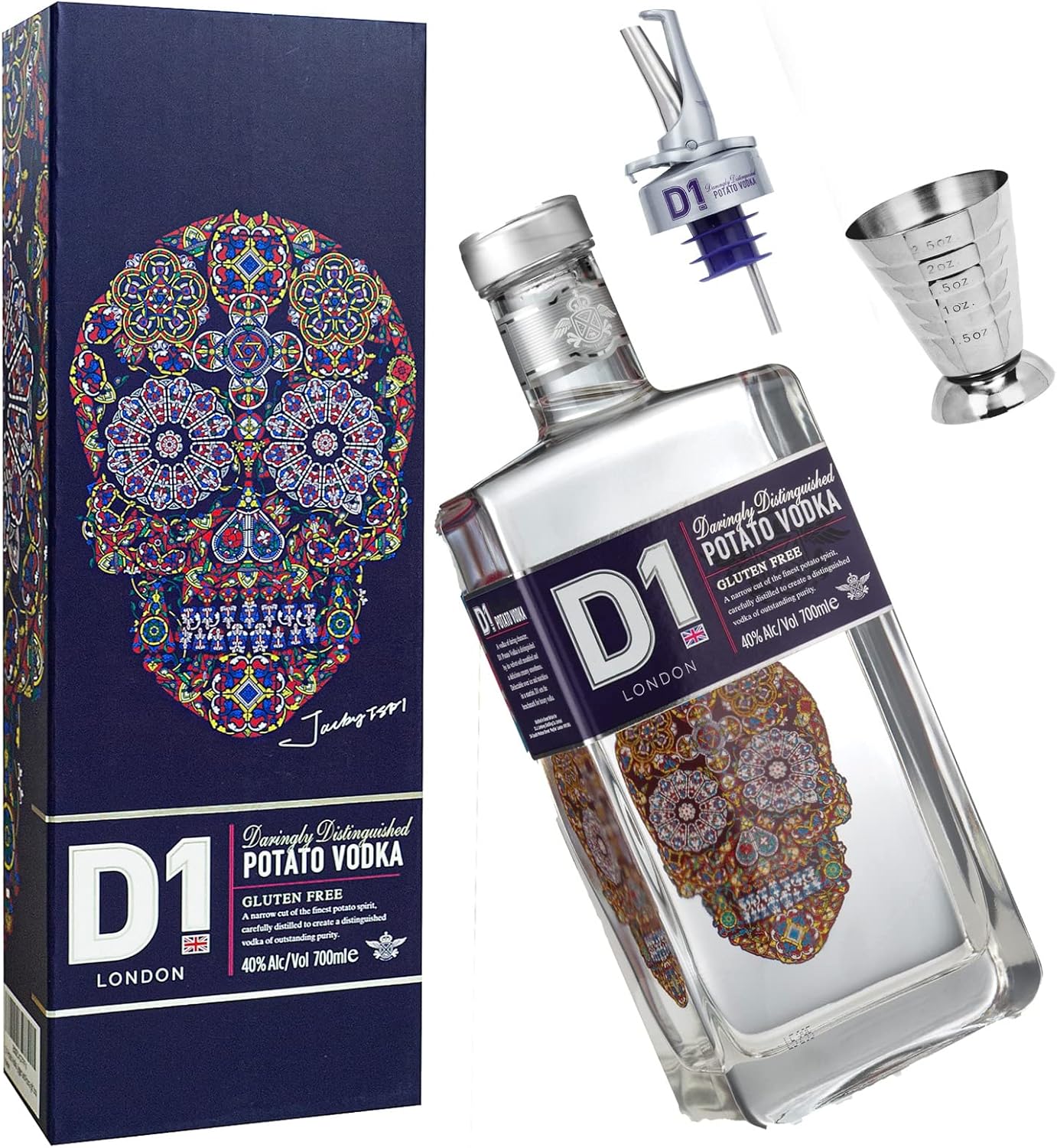 D1 London Spirits Vodka 70cl with Cocktail Jigger & Pourer in Gift Box