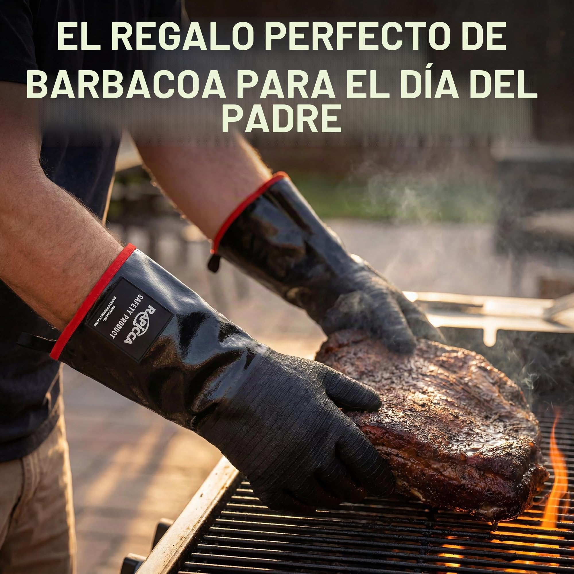 RAPICCA BBQ Parrilla Guantes para Horno, Ahumador Resistente Al Calor, Guantes para Cocinar Barbacoa, Parrilla, Impermeable, Ignífugo, Revestimiento de Neopreno Resistente al Aceite Tamano XL 43.2cm