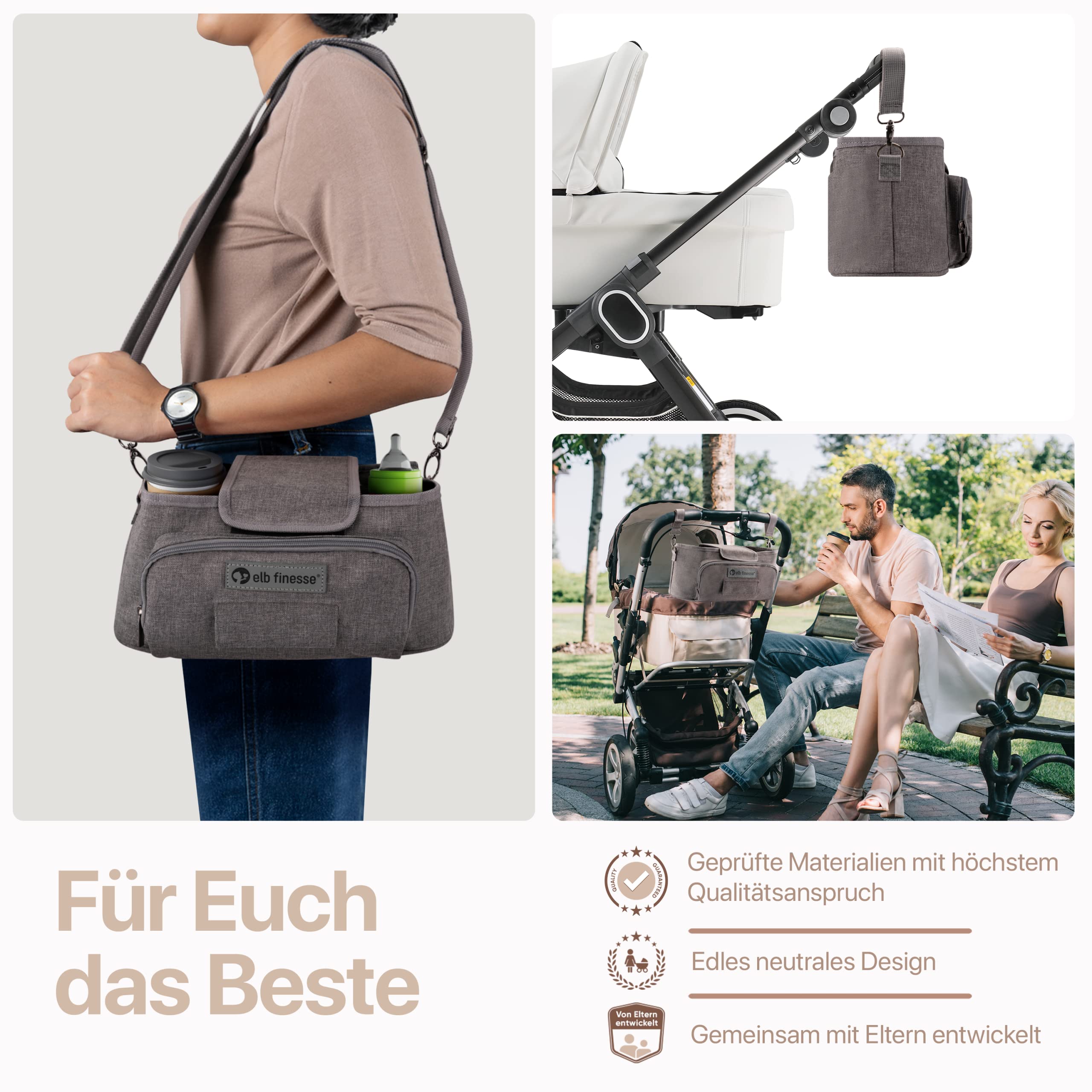 Premium Kinderwagen Organizer I Wasserabweisender Buggy Organizer inkl. Schultergurt I Kinderwagen Taschen I Kinderwagen Zubehör I Getränkehalter Kinderwagen (Grau)