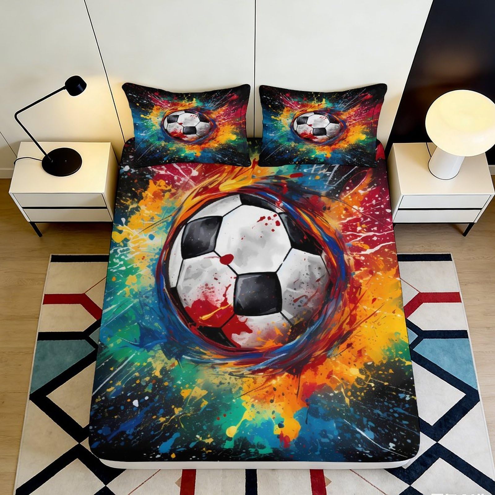 Pnayamiorkfel Style-9 3D Printed Colorful Soccer Splash Fitted Sheet Microfiber Soft Mattress Cover For Bedroom Guestroom Decor 90X200x25cm