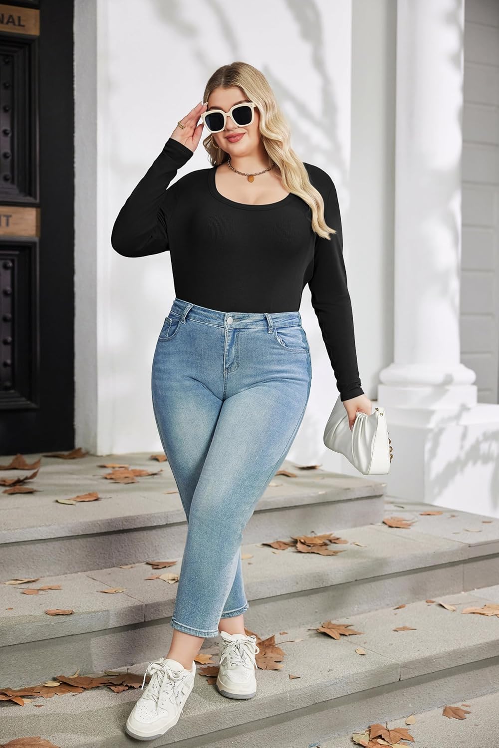 IN'VOLAND Plus Size Womens Long Sleeve Scoop Neck Ribbed Knit T-Shirt Fitted Casual Basic Tops - Image 5