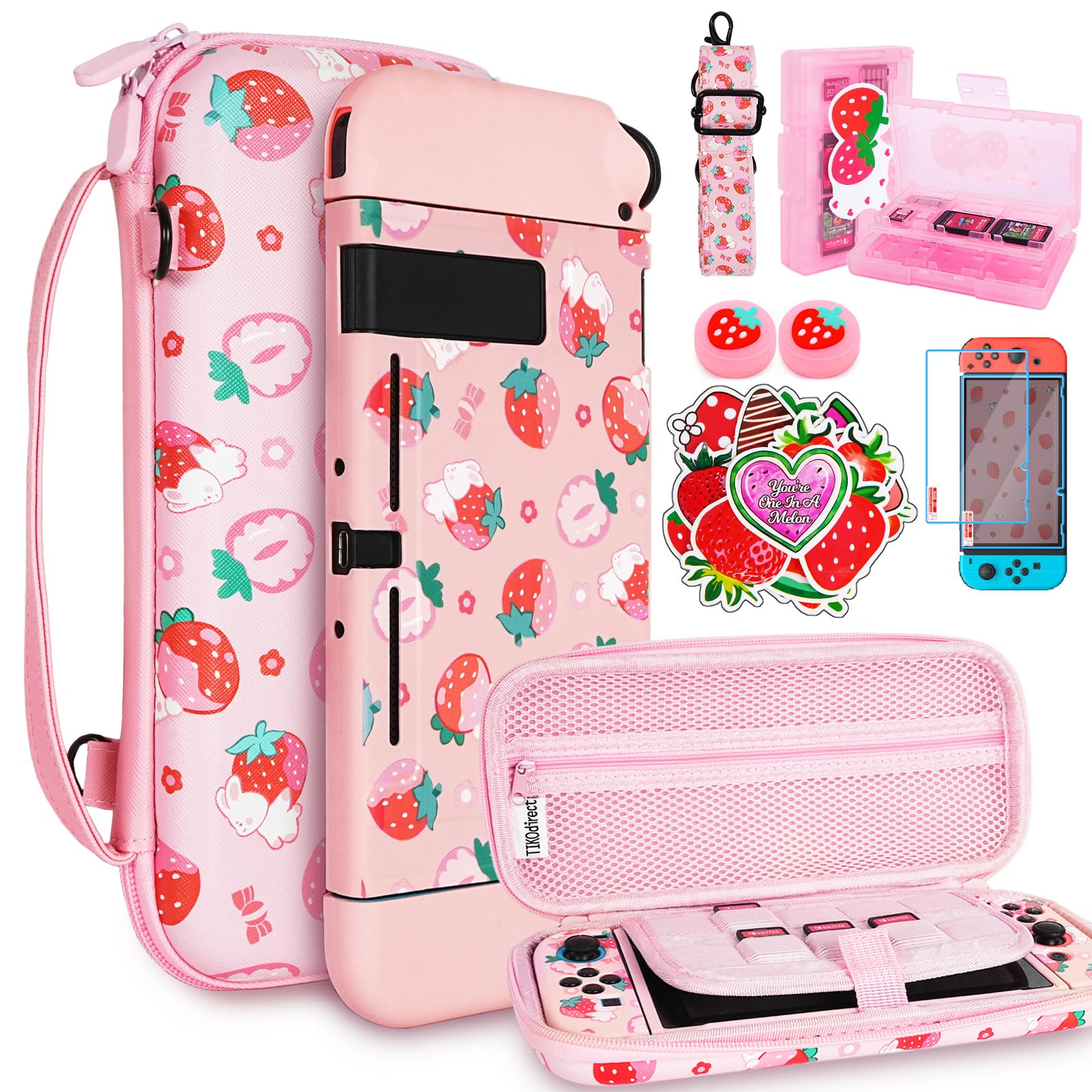 TIKOdirect Étui de transport pour Switch, joli sac portable pour accessoires avec étui de protection souple, protecteurs d'écran et capuchons pour les pouces, étui pour cartes de jeu 7 en 1, rose