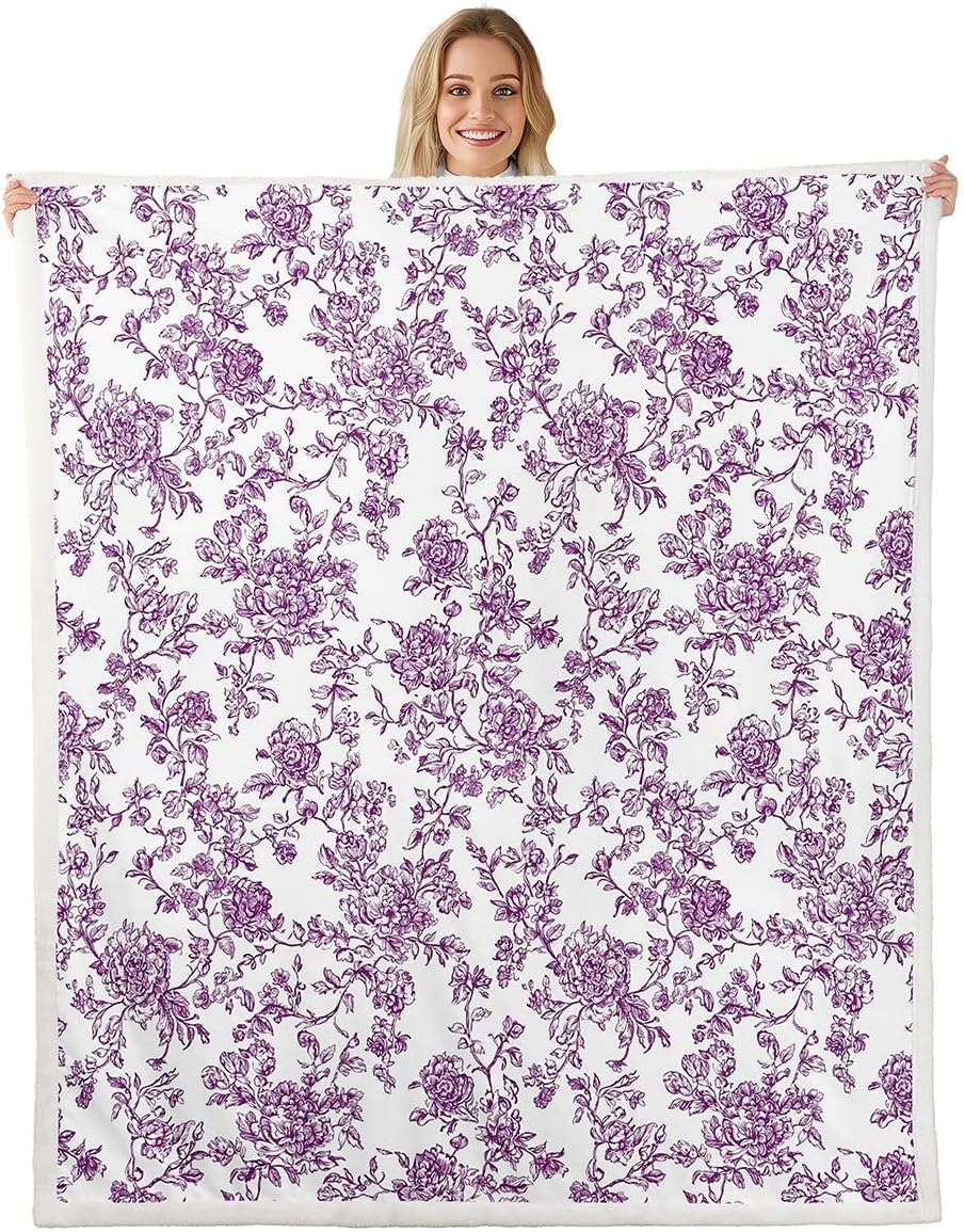 Erosebridal Vintage Flower Blanket Twin 60x80 Retro Farmhouse Floral Fleece Blanket for Bed Sofa Chair Garden Cottagecore Fuzzy Plush Throw Purple Flowers Blossom Bedroom Decor
