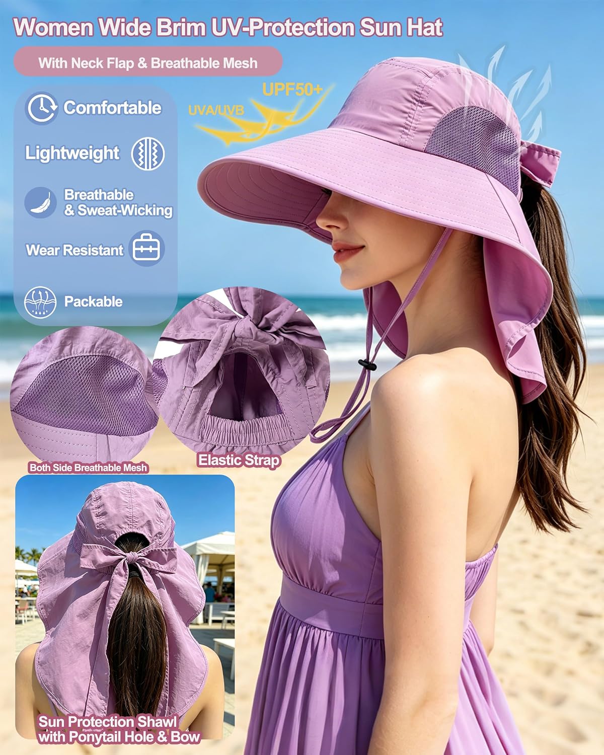 Sun Hat for Women with Ponytail Hole & Neck Cover | UV Protection UPF 50+, Water Repellent Quick Dry, Breathable Mesh, Foldable, Wide Brim Hiking Gardening Fishing Bucket Hat thumbnail