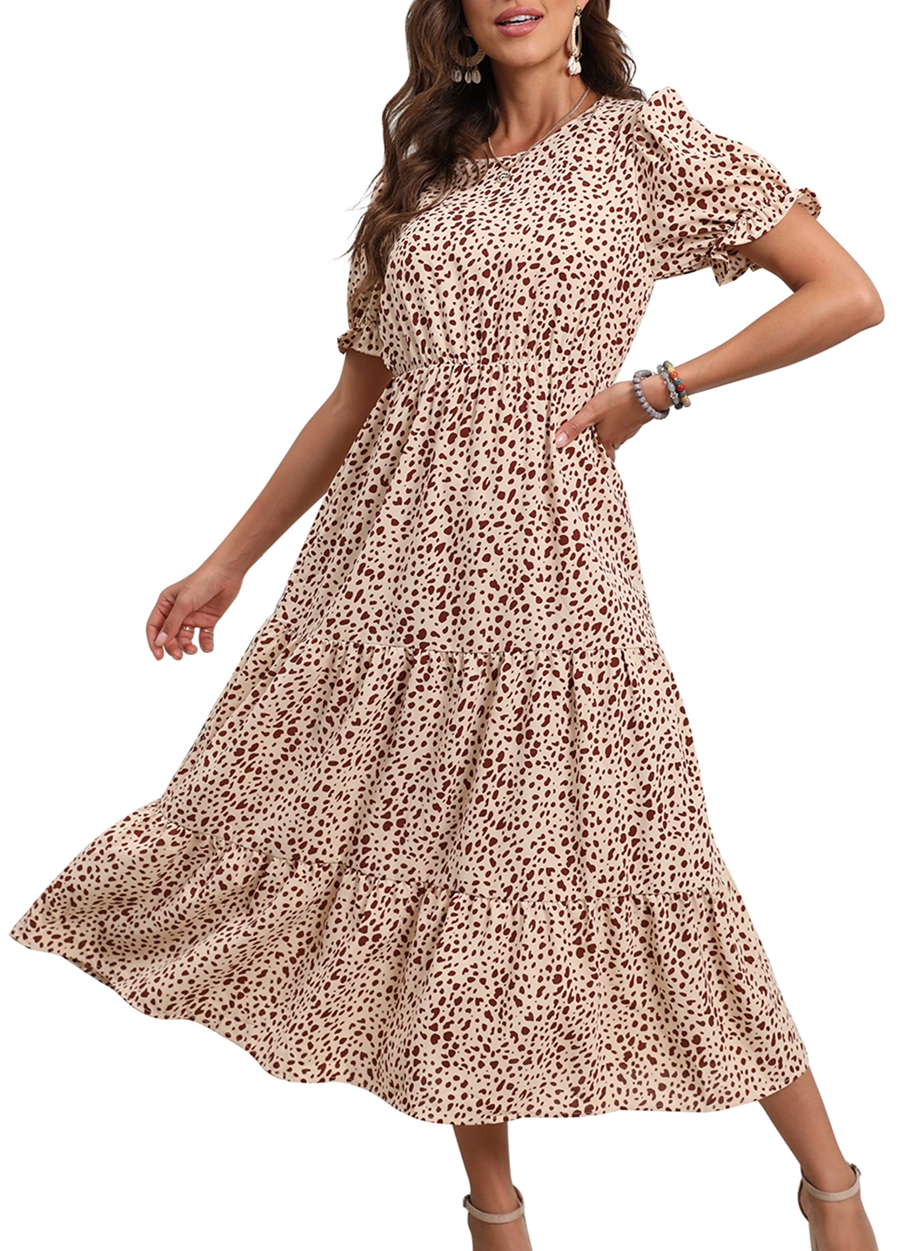 GRECERELLEWomens Summer Midi Dress Floral Print Boho Dress Ruffle Puff Sleeve High Waist A-Line Casual Boho Cocktail Holiday Beach Long Dress for Ladies