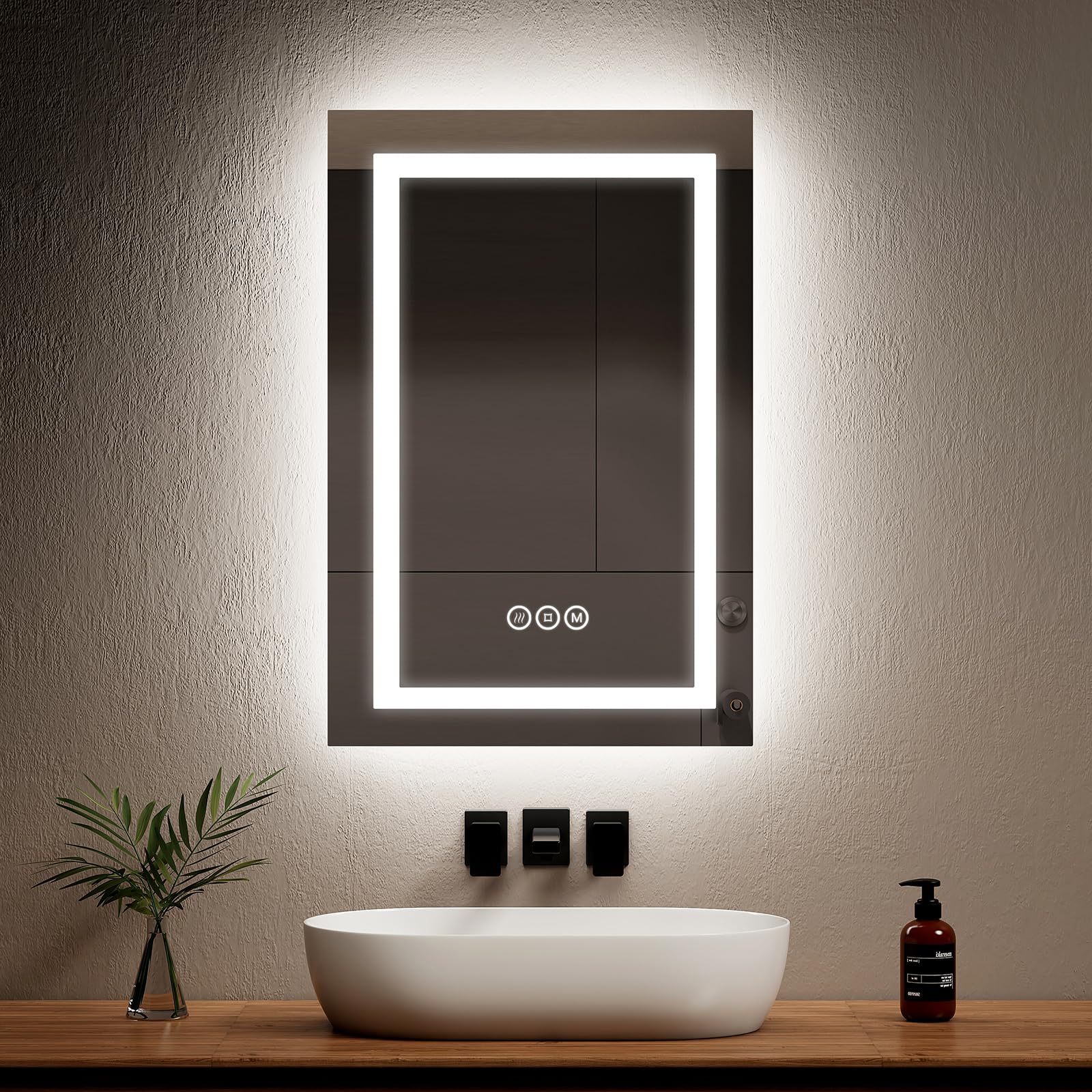 EMKE Bathroom Mirror with Led Lights, 400 x 600 mm Illuminated Bathroom Mirror with Dual Lights, Wall Mounted Vanity Mirror with Touch Switch, Anti-Fog, Dimmable Switch & 3 Colors, Memory Function