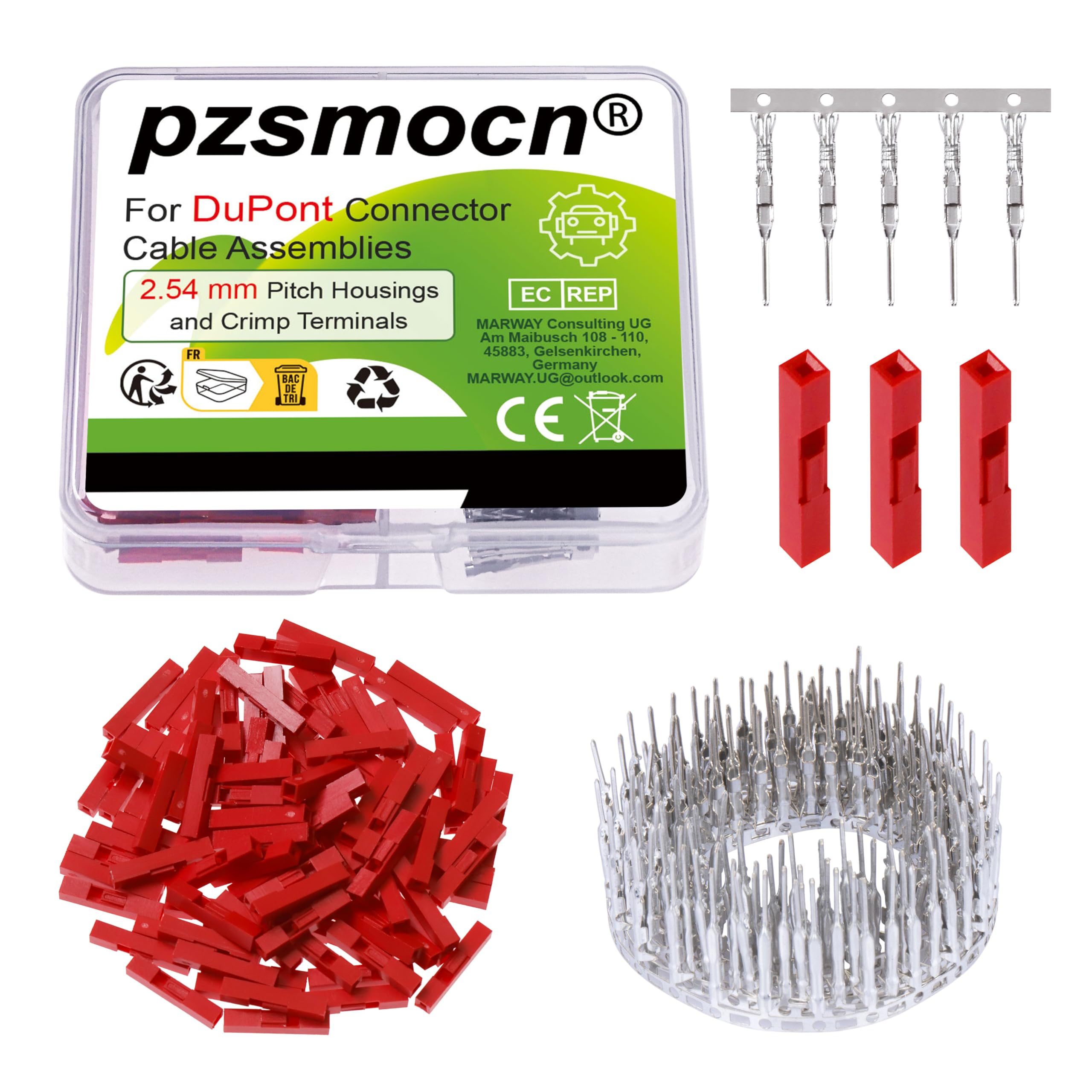 100 Set / 200 Pezzi per Connettore Adattatore Dupont 2,54 mm Passo 1 Pin Alloggiamento Maschio Terminale Presa Rosso Compatibile Cavo Filo 30-26 AWG Accessori, Testata Kit Perno Crimpatura