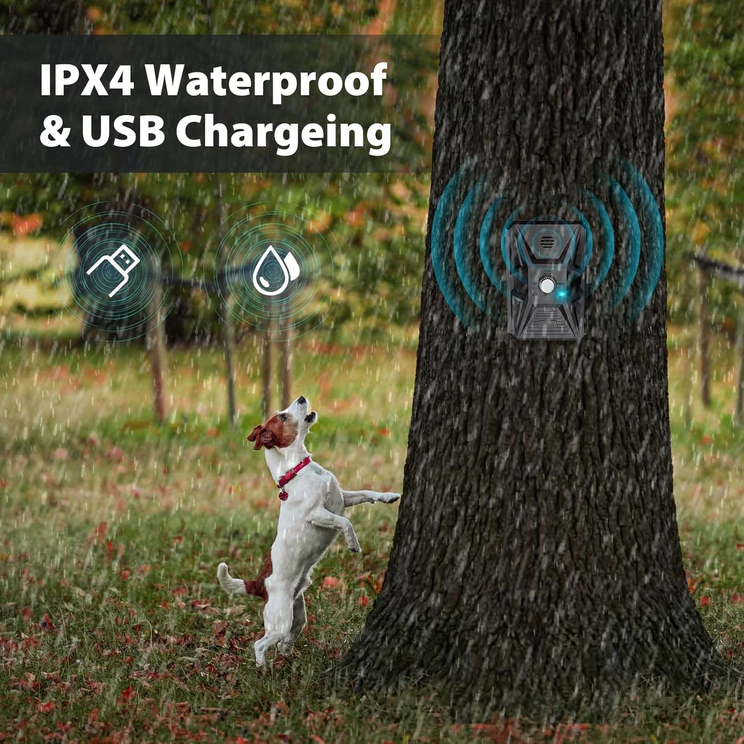 QueenMew Anti-Barking Device mounted on a tree, showing IPX4 waterproof feature in rain