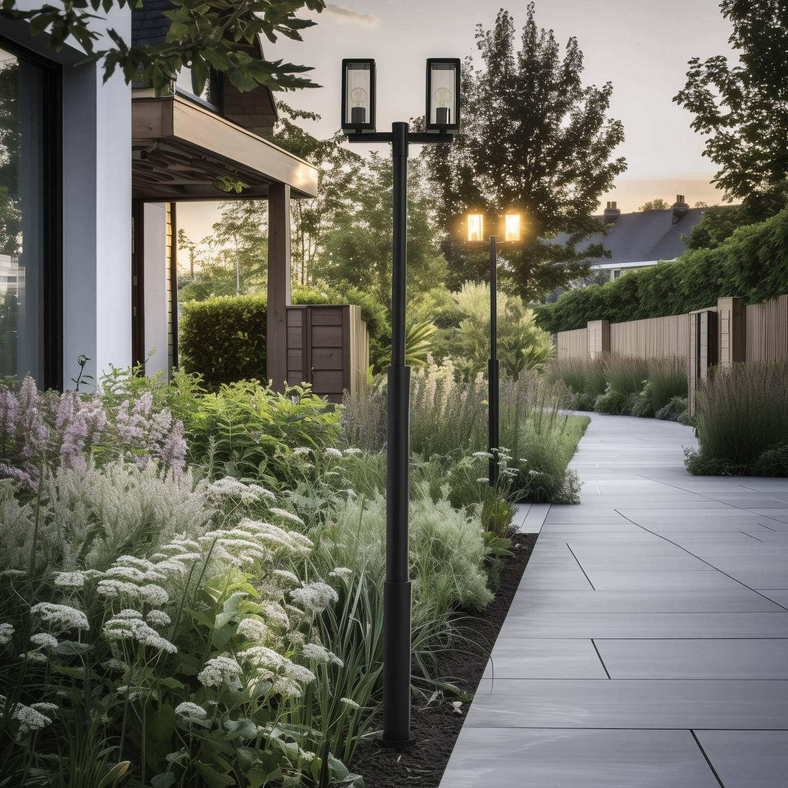 Lucande Lampadaire extérieur Siveta à intensité variable (Moderne) en Noir Aluminium (à 2 lampes, E27) Candélabre luminaire d’extérieur