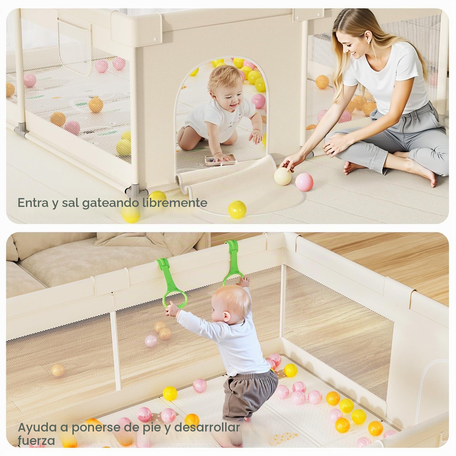 Parque infantil Bebe con Acolchado 150x180cm | Corralito Bebe con Suelo Acolchado, Base Estable, Tela Transpirable y Sin Toxicos Seguro, Beige