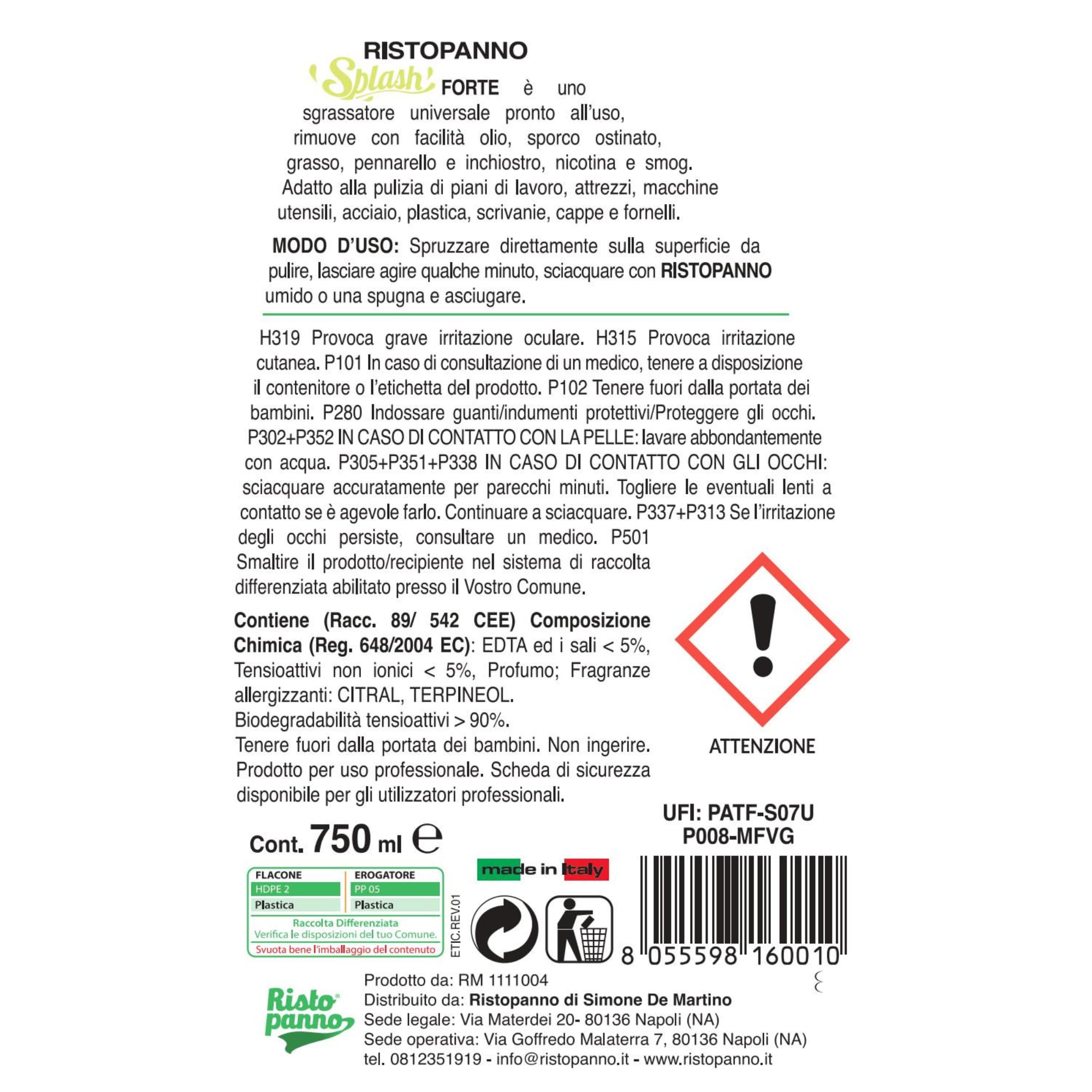 RISTOPANNO 1 x 750ml Sgrassatore Universale Professionale – Pronto all’Uso – Spray Multiuso Superfici Olio e Grasso – per Acciaio, Plastica, Cappe e Fornelli - Prodotti Pulizia - SPLASH FORTE
