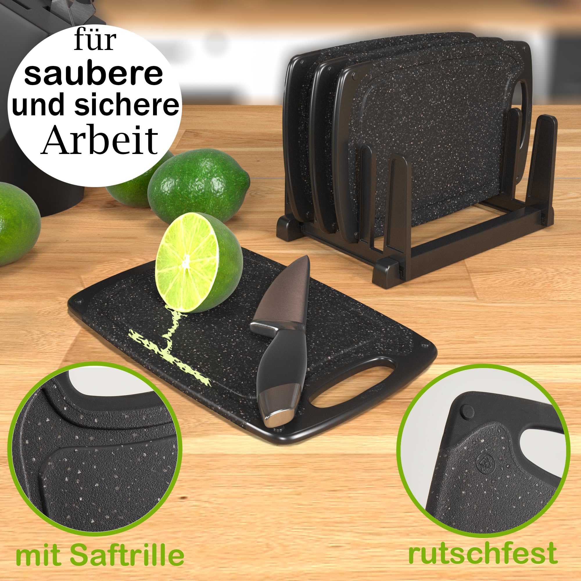 Frühstücksbrettchen 4-er Set mit Ständer 24x14 cm, schwarz-schwarz spülmaschinenfest beidseitig rutschfest mit Saftrille und Griff Schneidebrettchen Kunststoff klein antibakteriell