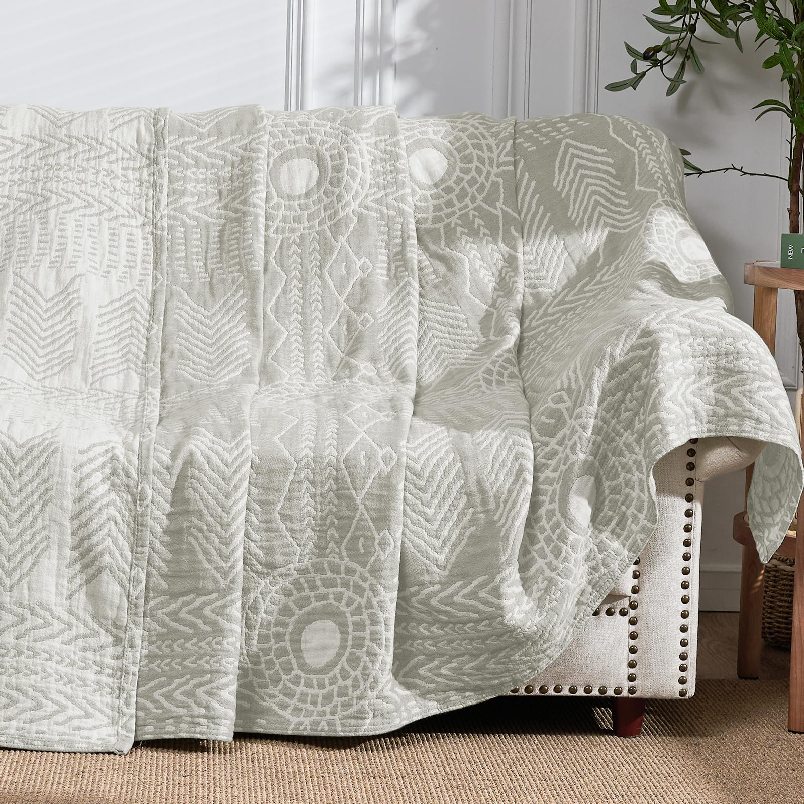 jinchan Boho 100% Cotton Muslin 50x60 Throw Blanket Lightweight 3-Layer Light Grey Blanket Washable Reversible Breathable Decorative Geometric Striped