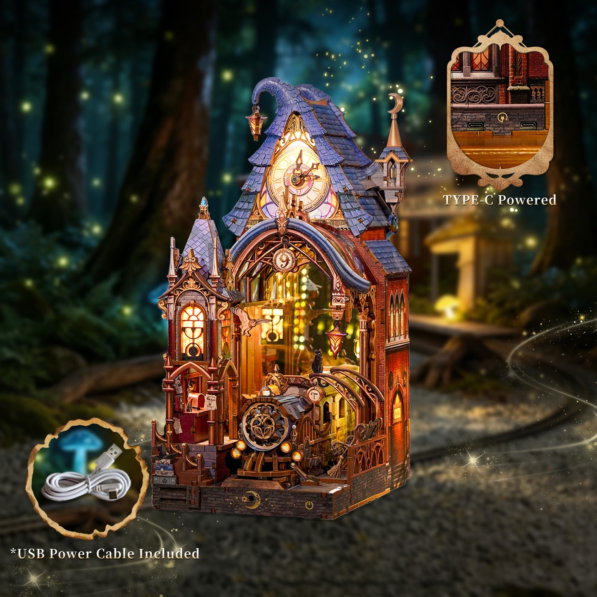 Tonecheer 3D Holzpuzzle Book Nook Kit, LED Zauberwelt Miniatur Bastelset, Interaktives DIY Bücherregal Regaldekor, Gothic Deko Geschenk für Erwachsene und Fans(Magischer Bahnsteig)