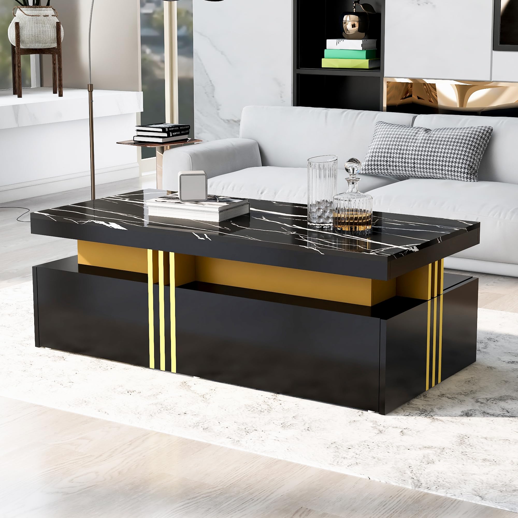 Physport Modern black rectangular coffee table with Marble Pattern(Triamine board) top and 2 wooden drawers, living room table, 100 * 50 * 40cm