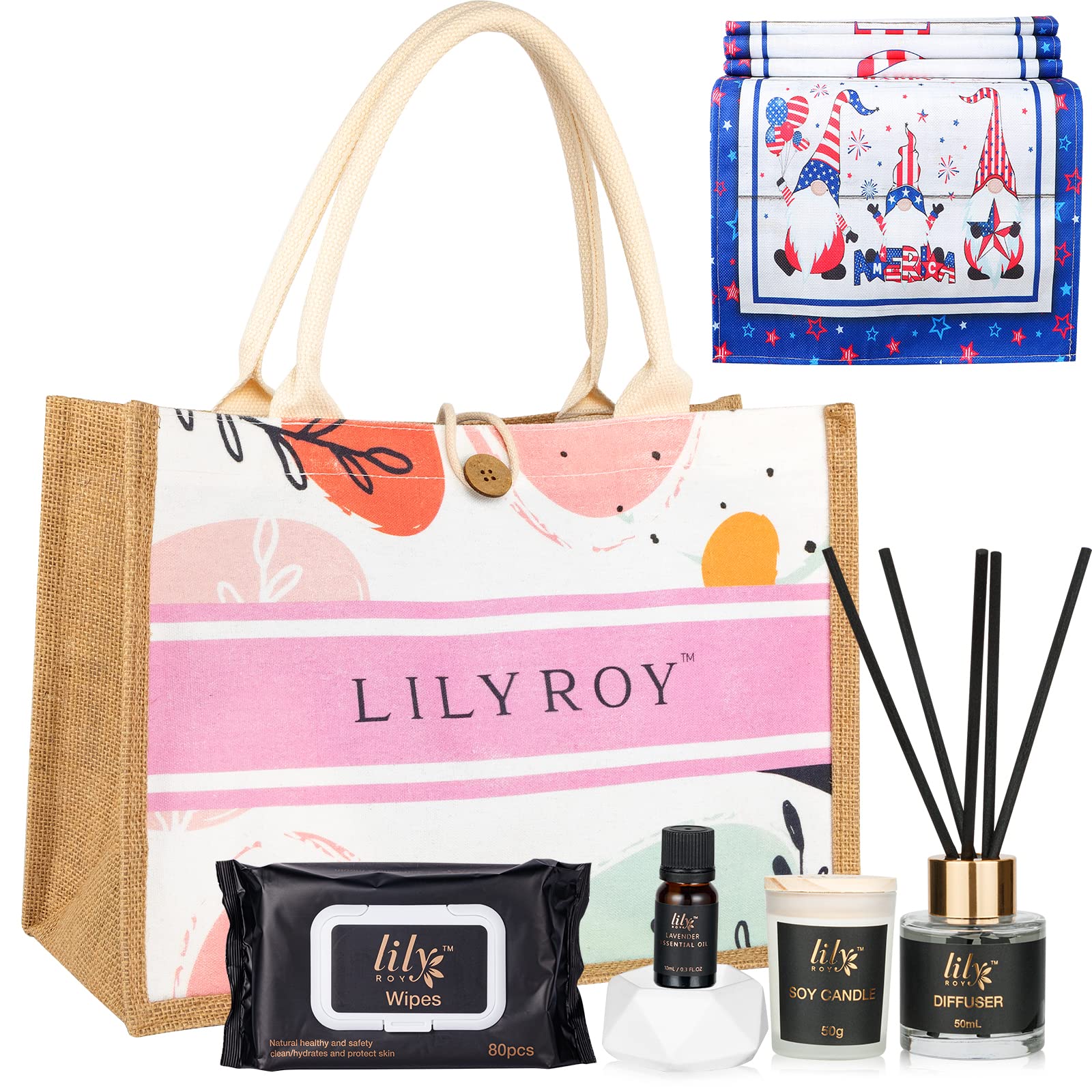 Lily Roy Tote Bag Set of Easter with Lavender Essential Oil,Table Runner, Scent Candle, Diffuser, Easter Egg, Birthday Holiday is a Great Gift for Women Mom Kids