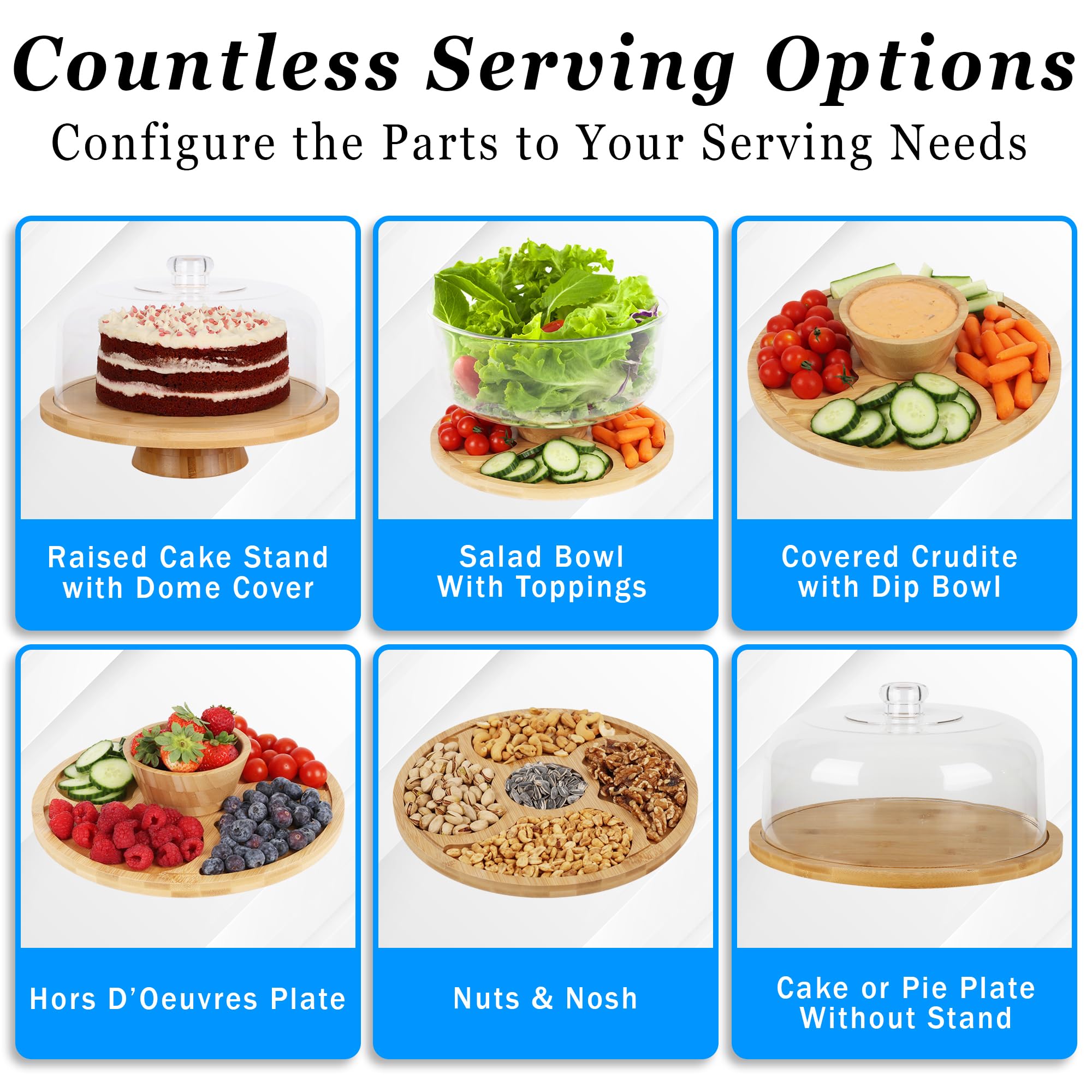 6 in 1 Large Bamboo Wood Cake Stand with Lid - Multiuse Wooden Cake Stand with Dome Acrylic Cake Cover/Cake Dome - Cake Holder With Lid - Acrylic Cake Stand Dome & Bamboo Base Punch Bowl - Cake Stands