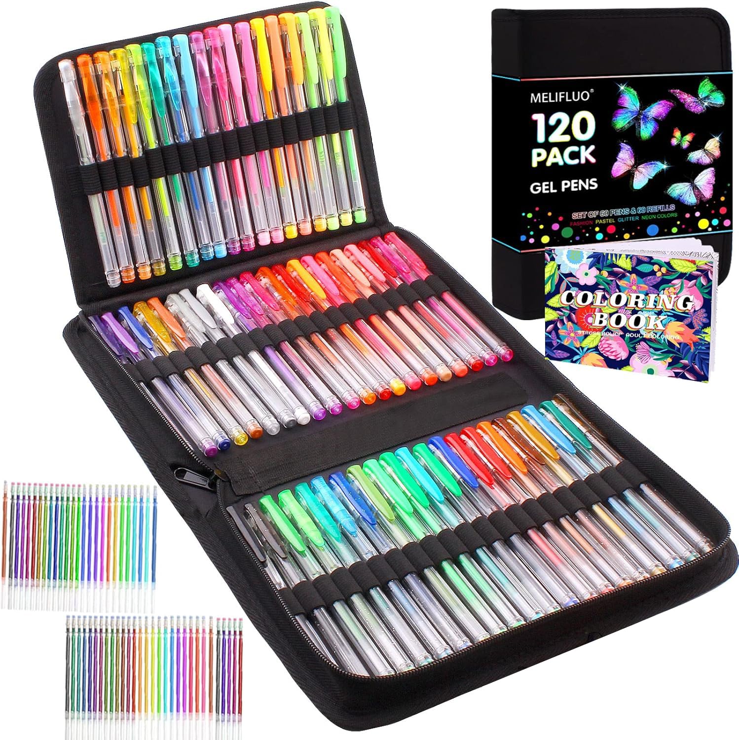Melifluo Set 120 Penne Gel Colorate 60 Penne Colorate con 60 Penne Gel per Colorare in Custodia con per Adulti e Disegni per Scarabocchi, Artigianato, Scrittura