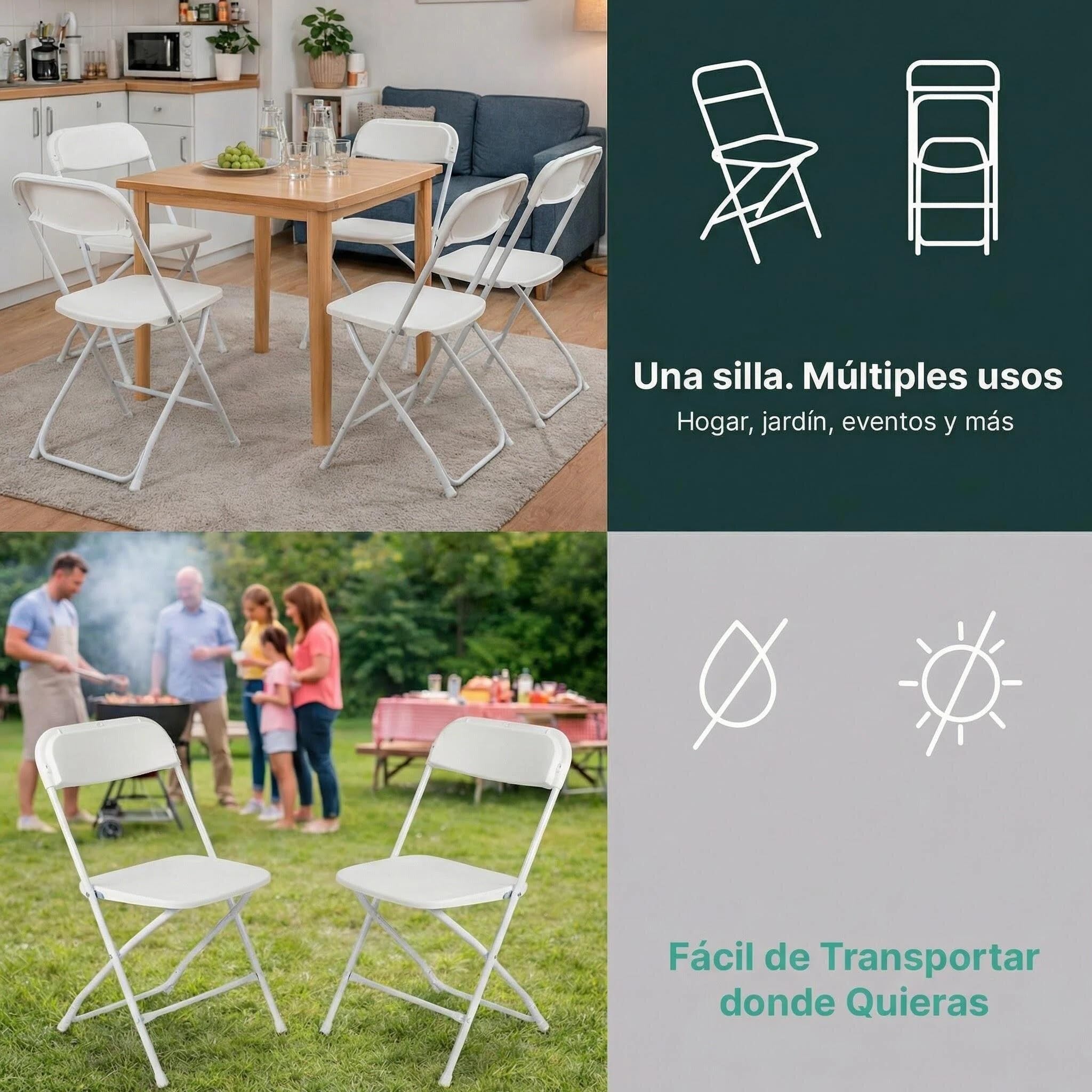 Premium Moments Silla Plegable para Interior y Exterior – Plástico Reforzado y Patas de Hierro con Refuerzo de Acero – Soporta hasta 160 kg – Ligera 2,5 kg – Fácil de Guardar y Limpiar (2, Blanca) - 5