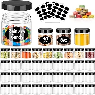 6OZ Plastic Jars with Black Lids 40Pcs Empty Plastic Pot Jars Round Refillable Clear Slime Containers Jars Airtight Plasti...